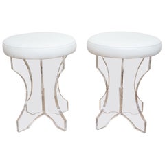 Lucite and White Vinyl Upholstered Vanity Stools Pair of 80's