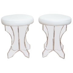 Vintage Lucite and White Vinyl Upholstered Vanity Stools Pair of 80's