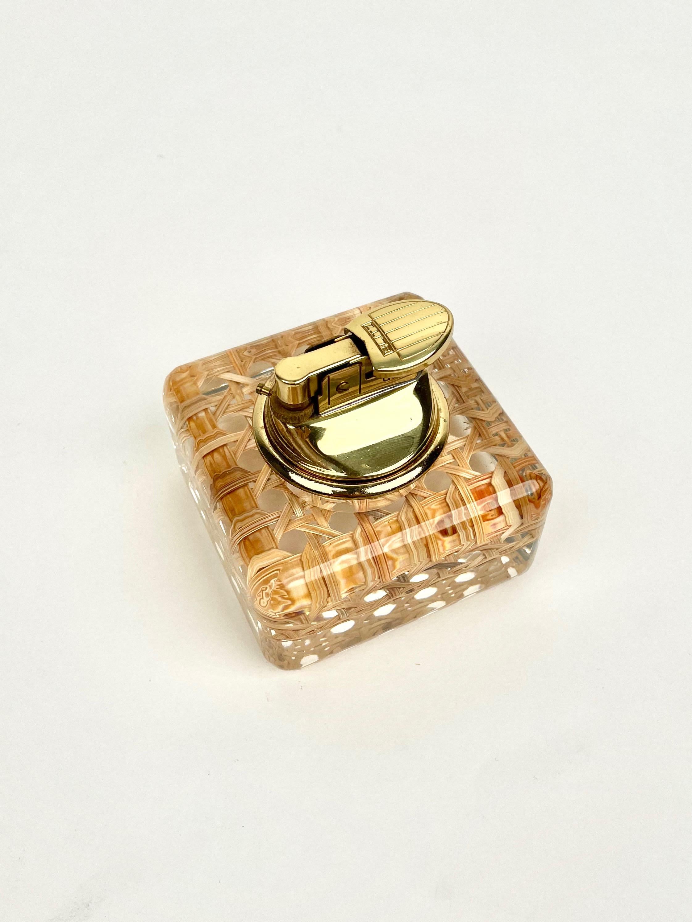 Mid-Century Modern Lucite and Wicker Table Lighter Christian Dior Style, Italy, 1970s