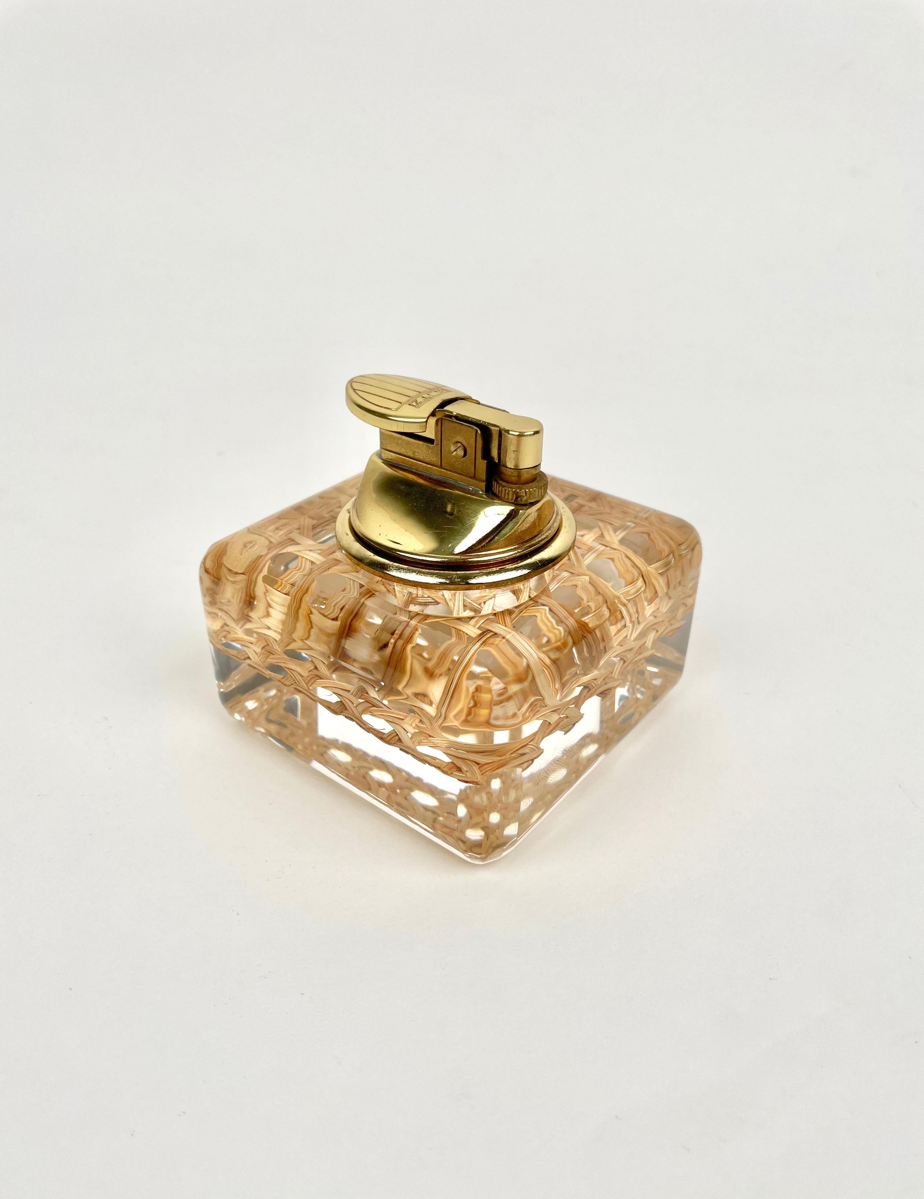 Italian Lucite and Wicker Table Lighter Christian Dior Style, Italy, 1970s