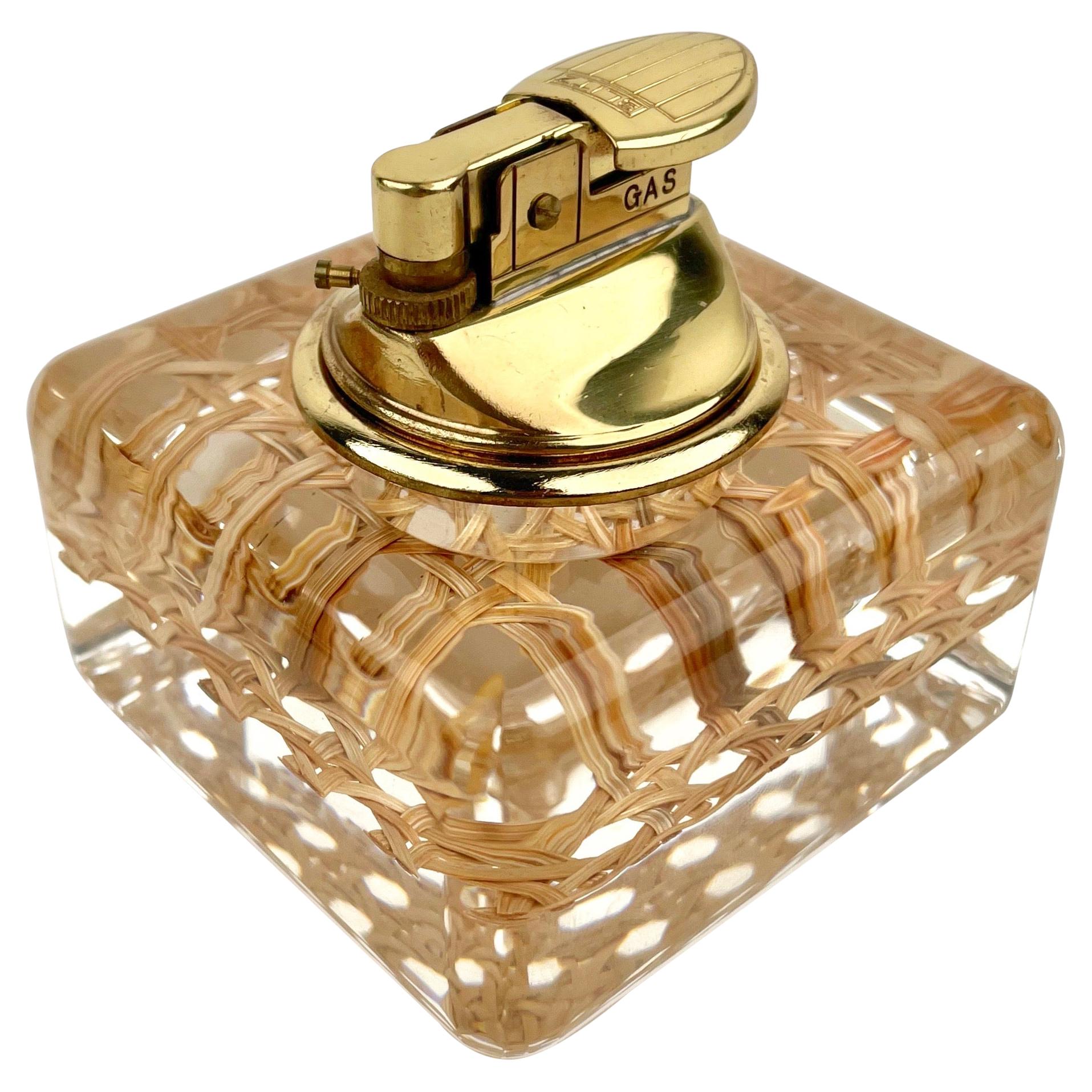 Lucite and Wicker Table Lighter Christian Dior Style, Italy, 1970s