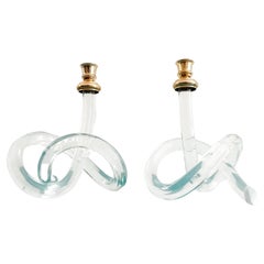 Lucite Art Deco Candle Holder Pair "Pretzel" Style