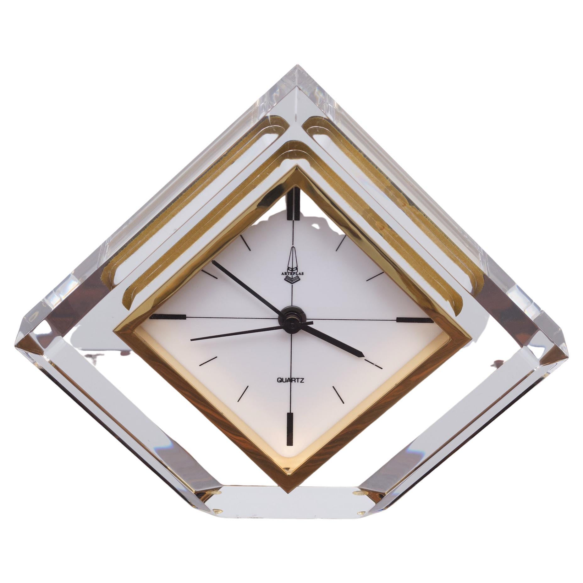 Lucite Arteplas Triangle Shape Quarts Table Clock Spain 1970s 