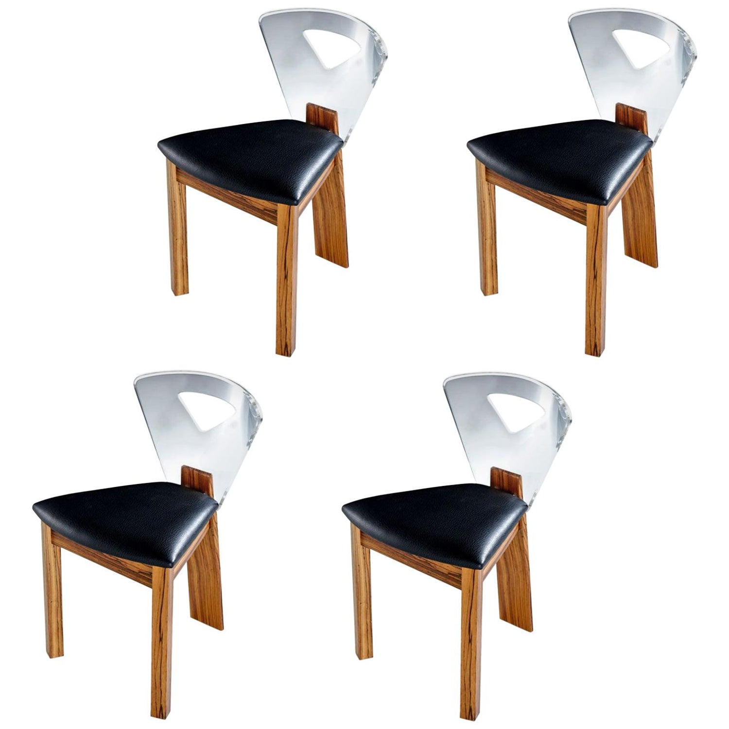 Lucite Back Zebra Wood Dining Chairs Vintage Modern With New Black Vinyl