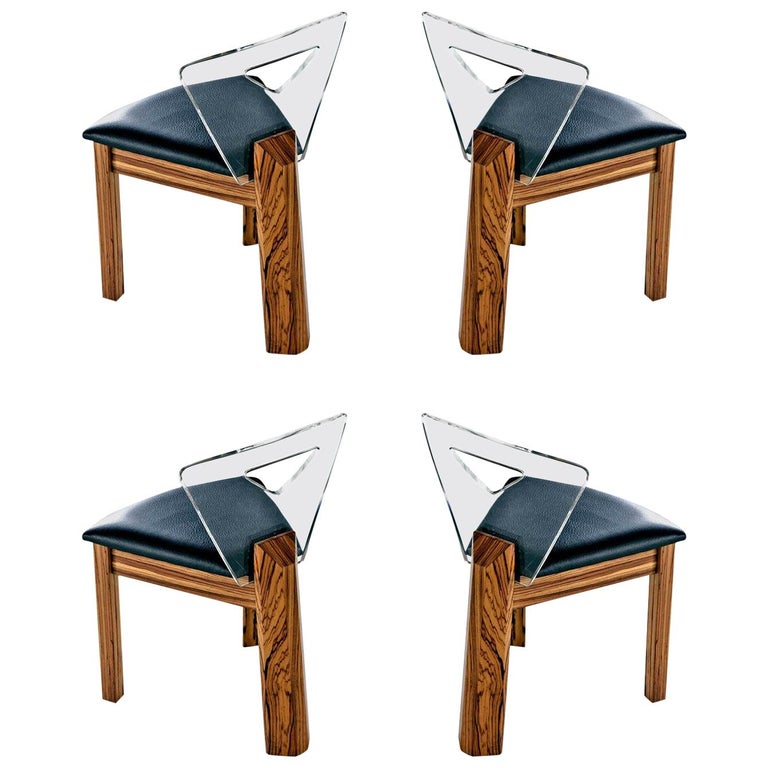 Lucite Back Zebra Wood Dining Chairs Vintage Modern With New Black Vinyl For Sale At 1stdibs