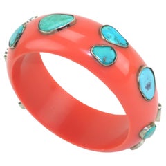 Lucite Bakelite Style Bangle Coral Color Bracelet With Inlaid Turquoise