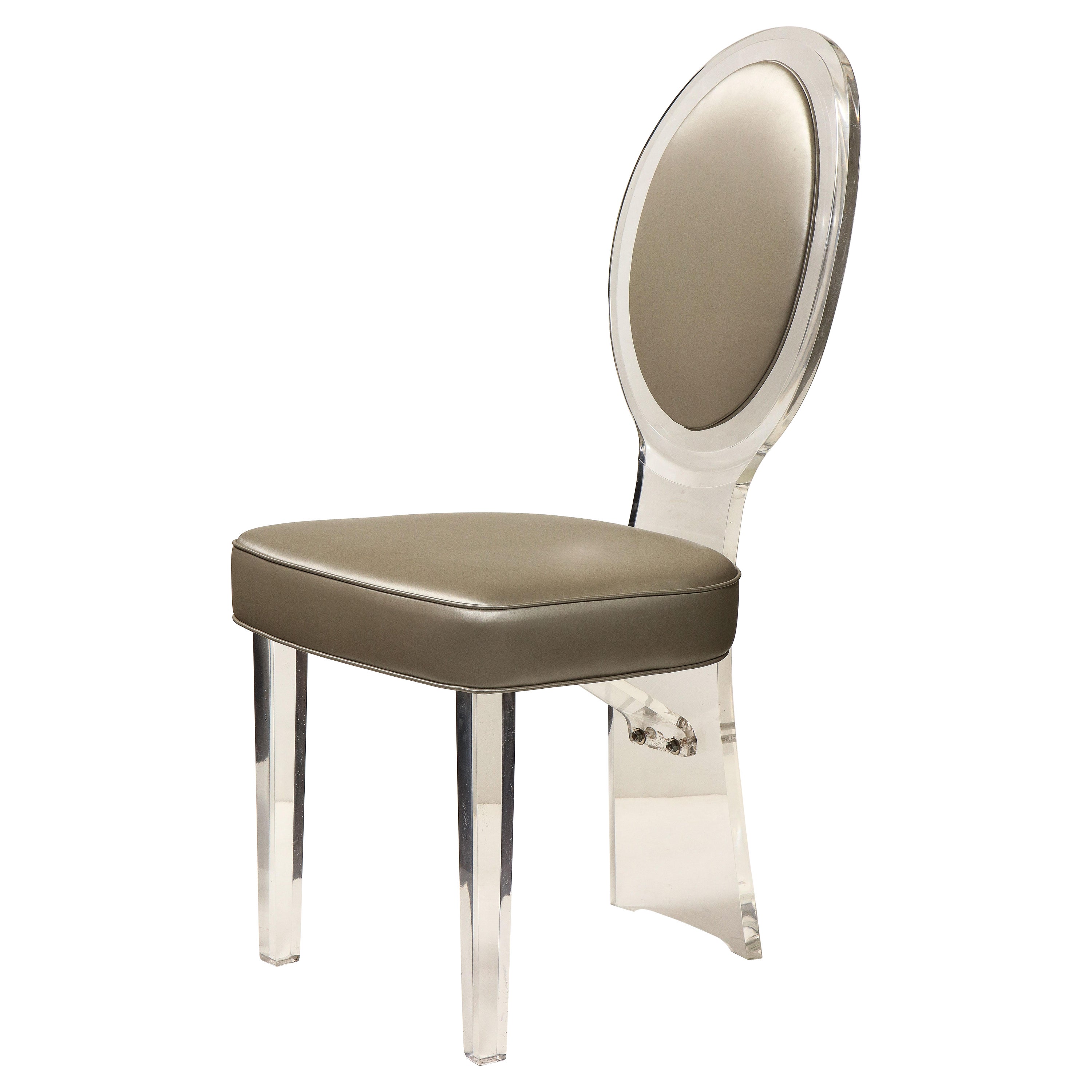 Chaise à dossier ballon en Lucite avec tapisserie en cuir gris 1970