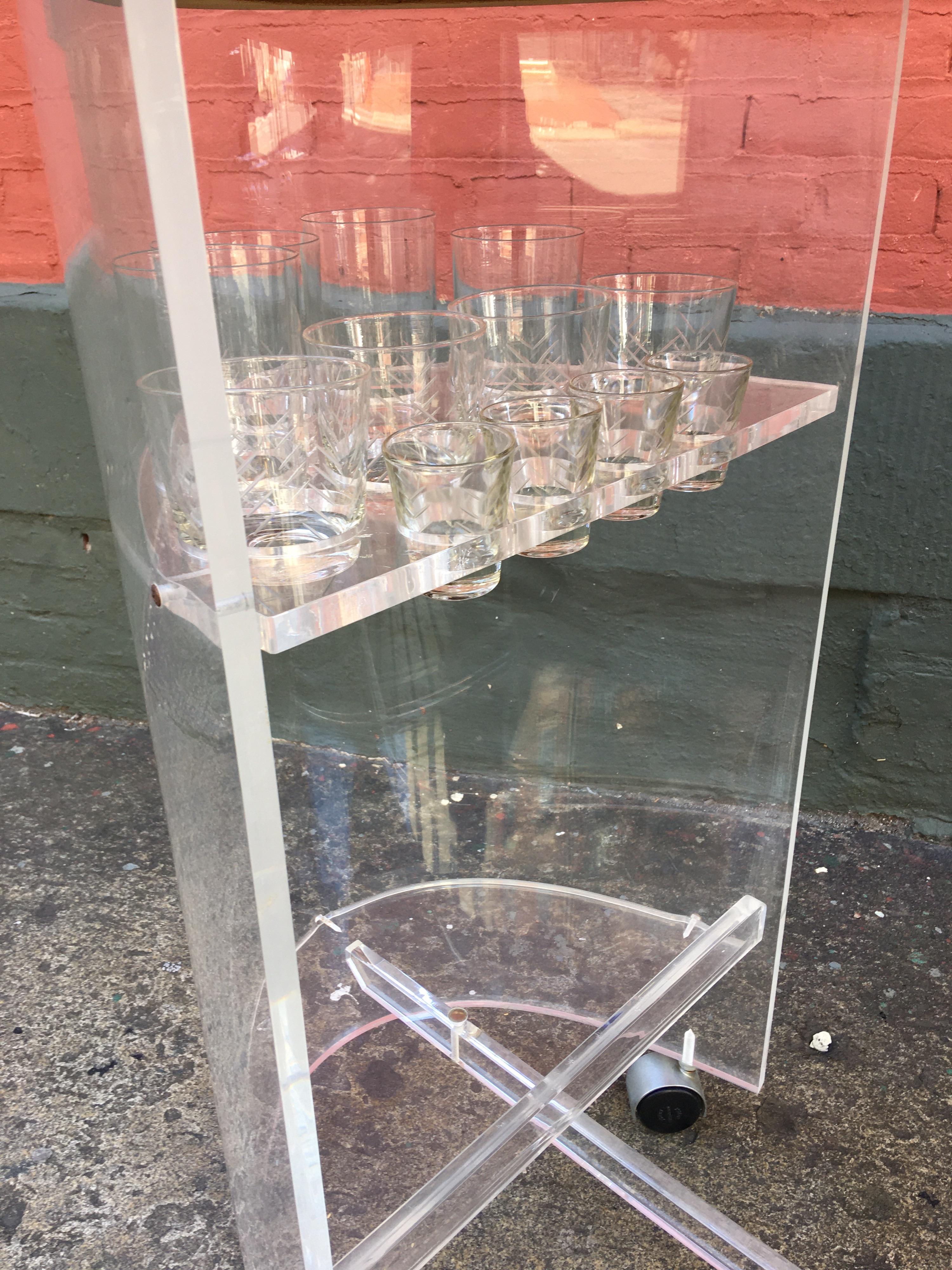 Late 20th Century Lucite Bar, 2 Stools and Original Drink Glasses and Ice Bucket