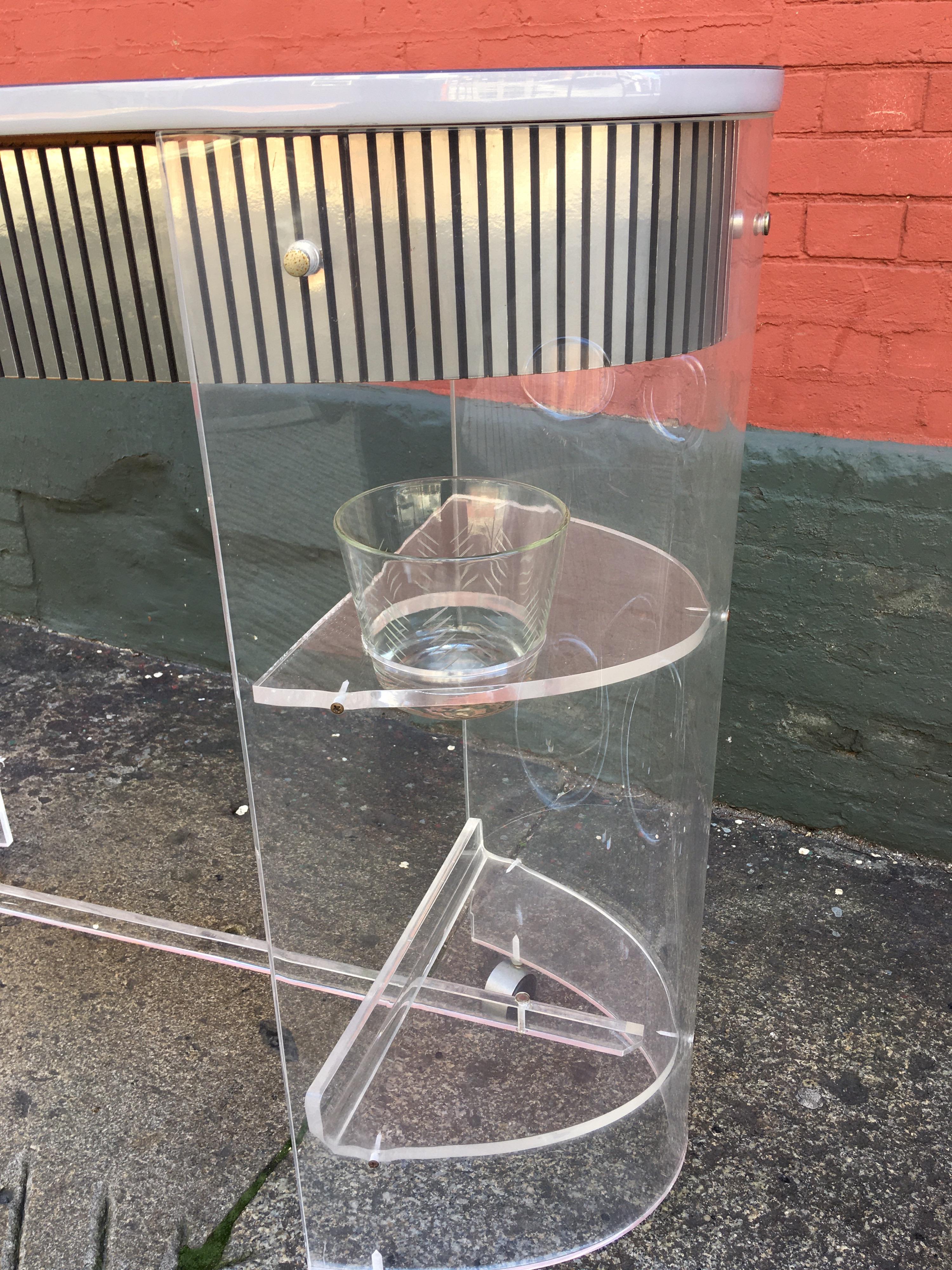 Mirror Lucite Bar, 2 Stools and Original Drink Glasses and Ice Bucket