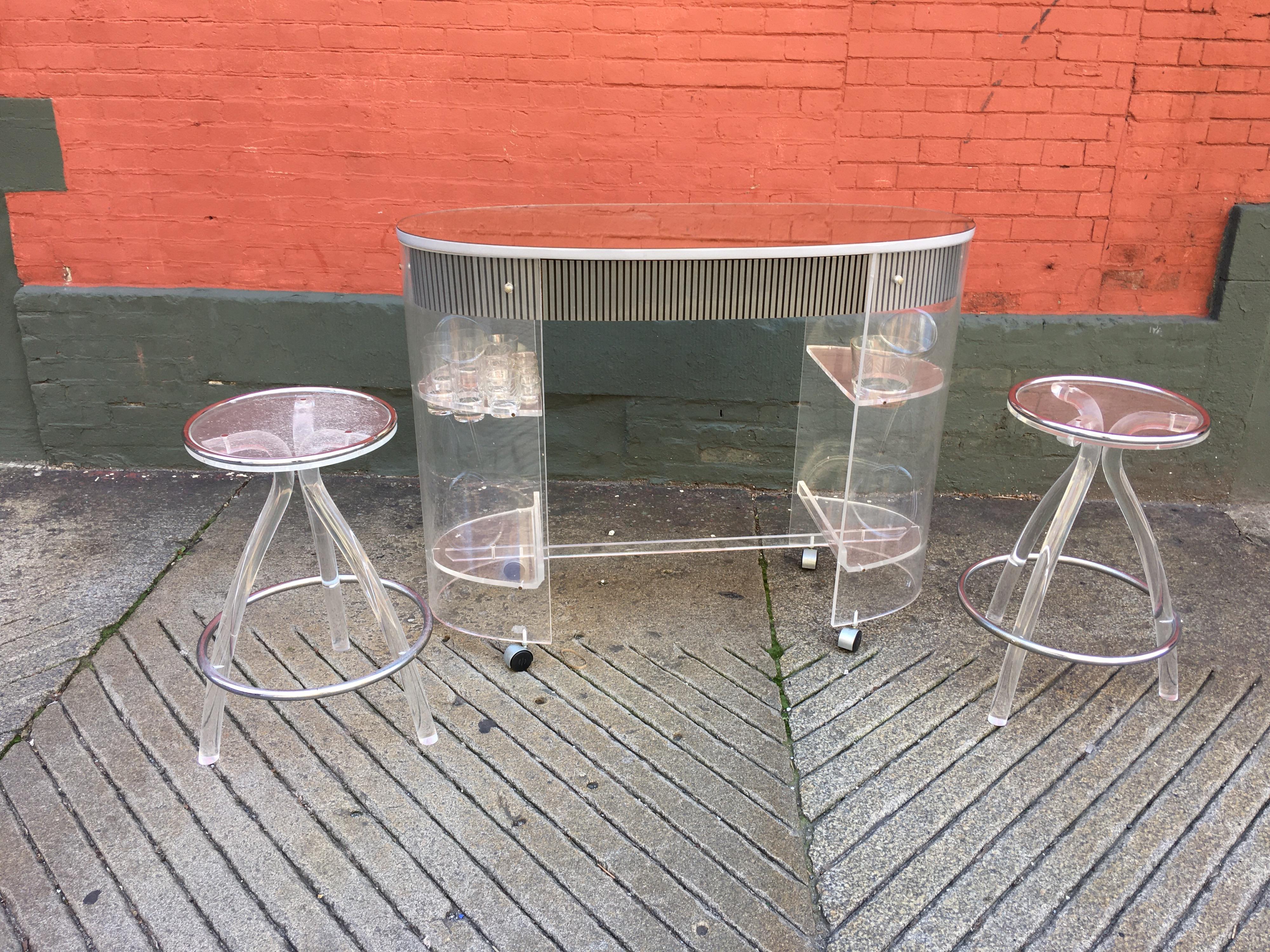 Lucite Bar, 2 Stools and Original Drink Glasses and Ice Bucket 2
