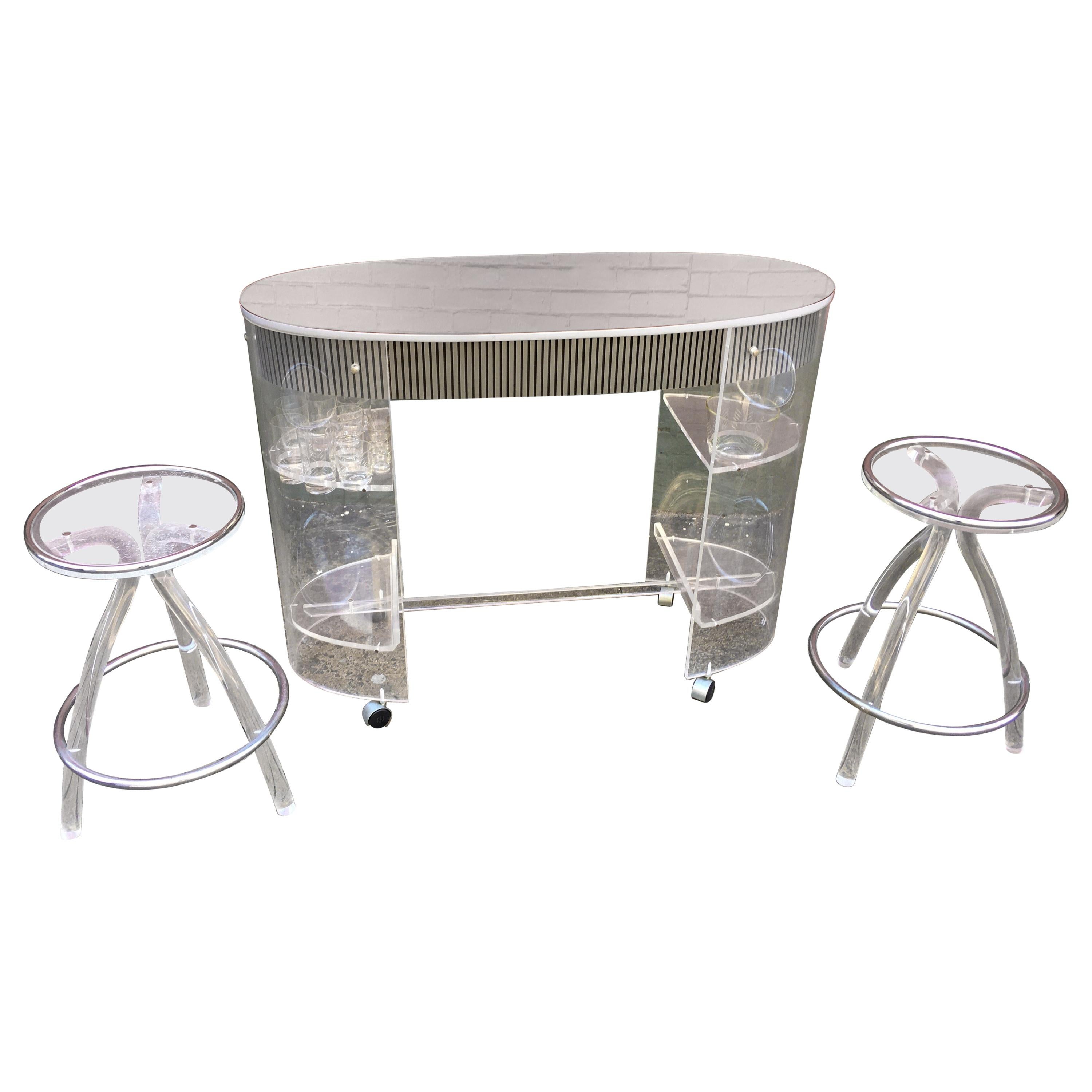 Lucite Bar, 2 Stools and Original Drink Glasses and Ice Bucket