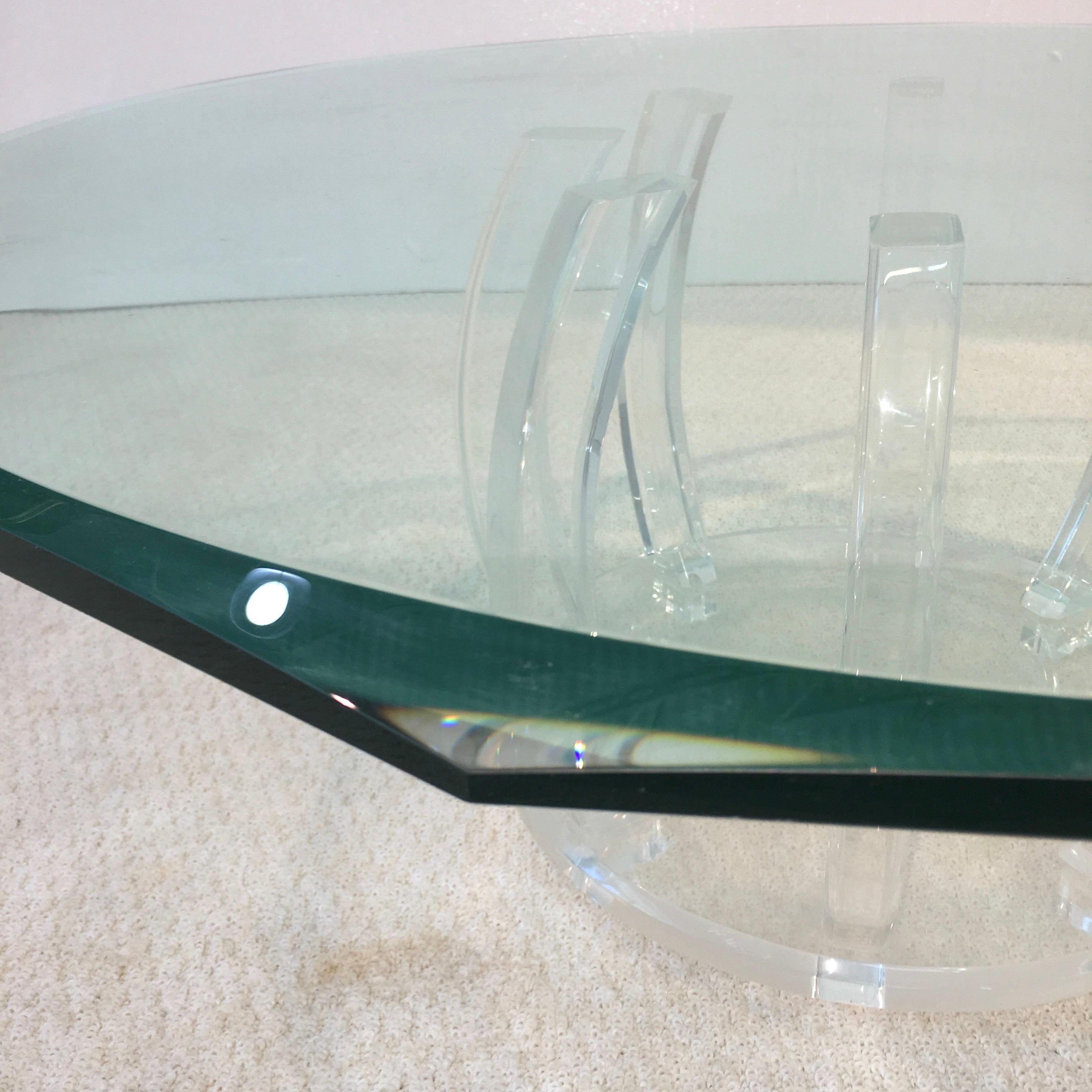 Lucite Barrel Cage Base Cocktail Table with Round 12 Sided Beveled Glass Top For Sale 1