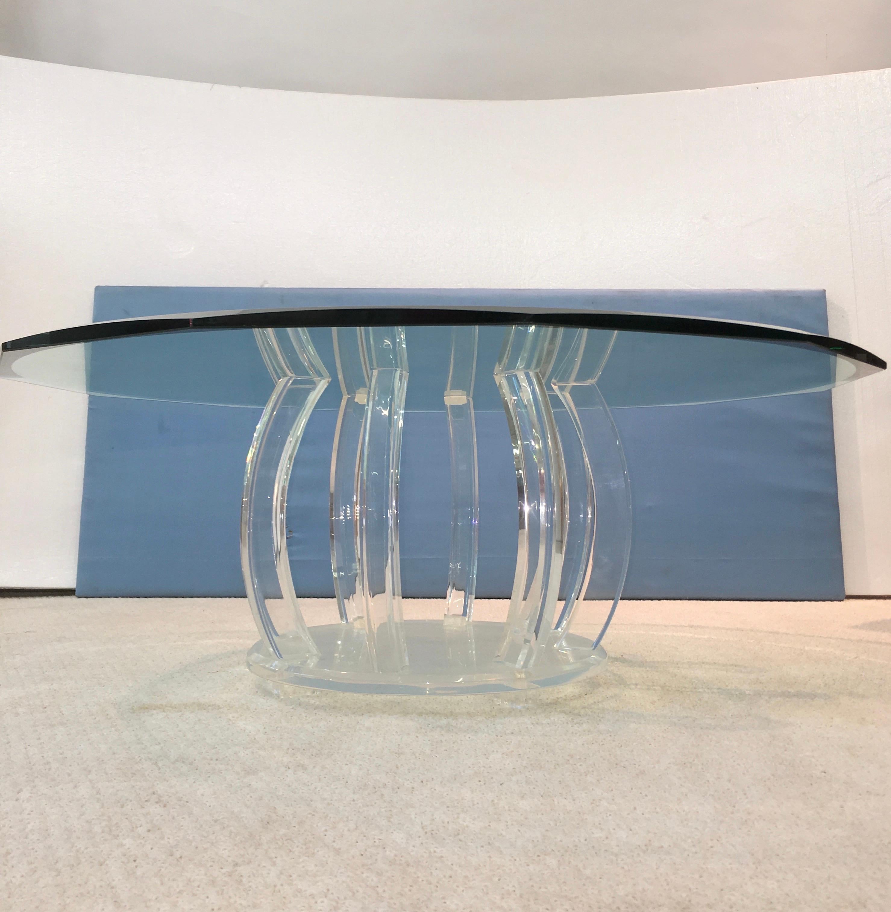 Lucite Barrel Cage Base Cocktail Table with Round 12 Sided Beveled Glass Top For Sale 6