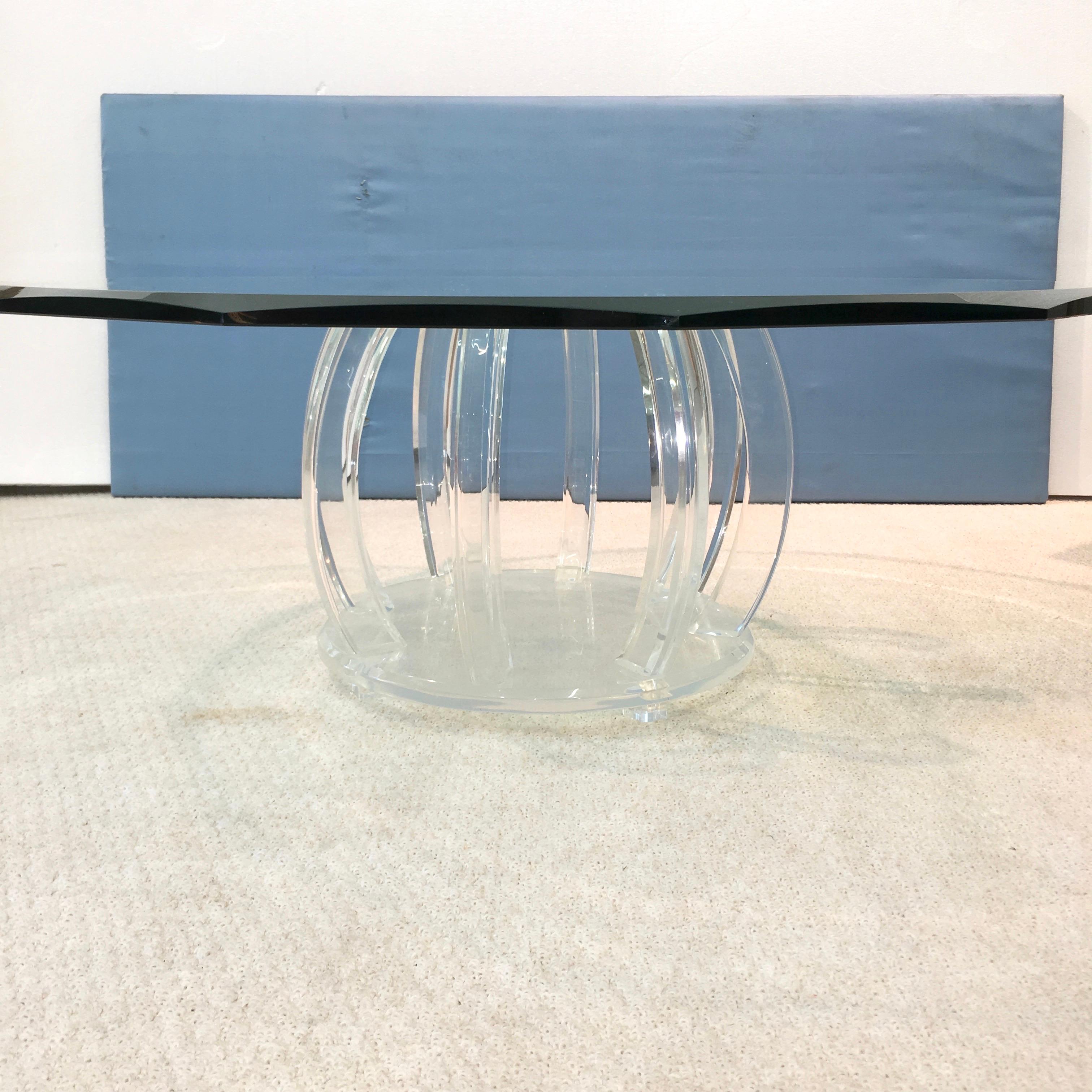Lucite Barrel Cage Base Cocktail Table with Round 12 Sided Beveled Glass Top For Sale 7