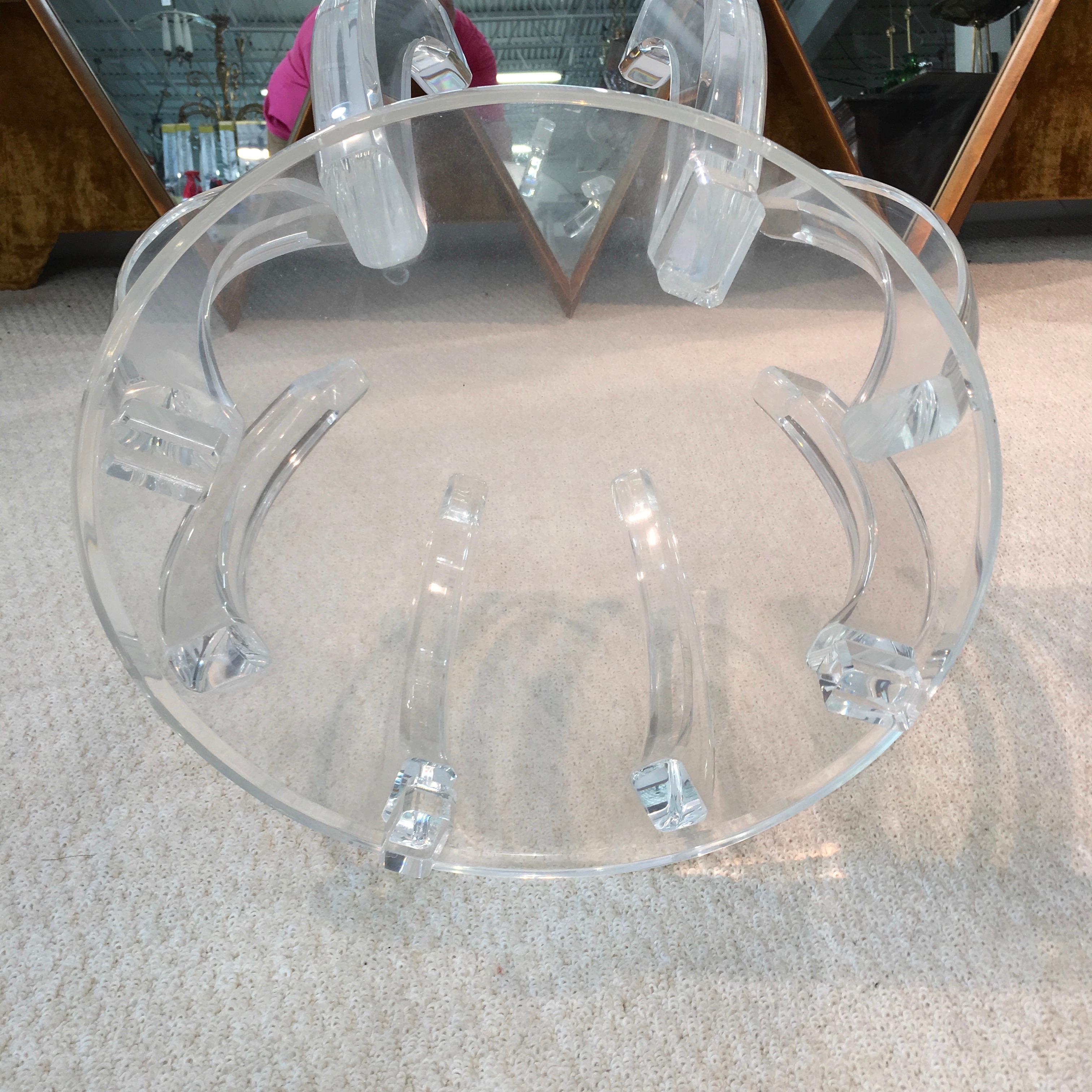 Hollywood Regency Lucite Barrel Cage Base Cocktail Table with Round 12 Sided Beveled Glass Top For Sale