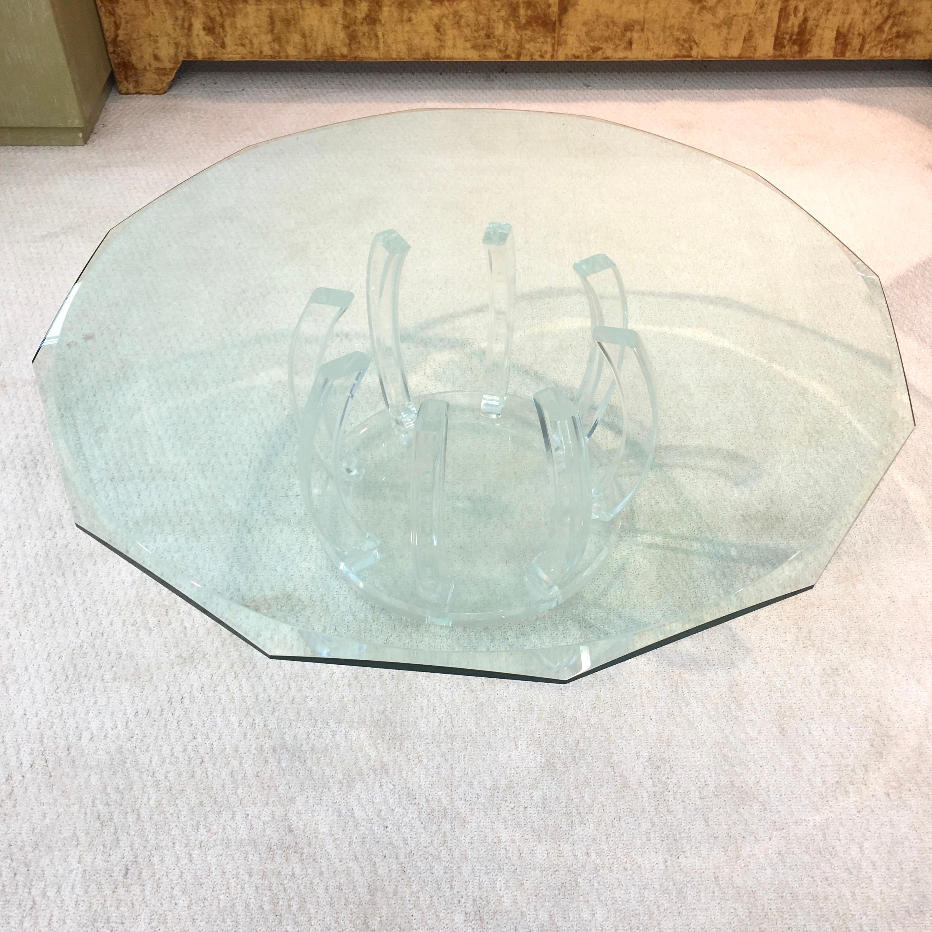 Lucite Barrel Cage Base Cocktail Table with Round 12 Sided Beveled Glass Top In Good Condition For Sale In Hanover, MA
