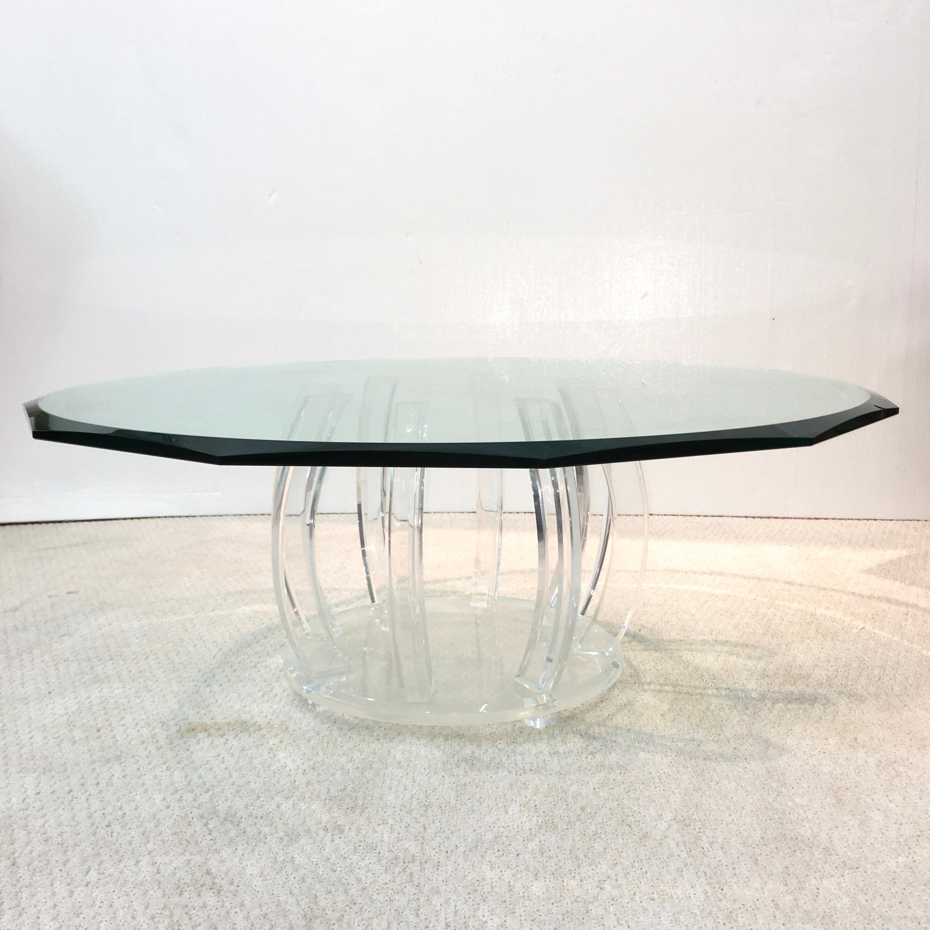 Late 20th Century Lucite Barrel Cage Base Cocktail Table with Round 12 Sided Beveled Glass Top For Sale
