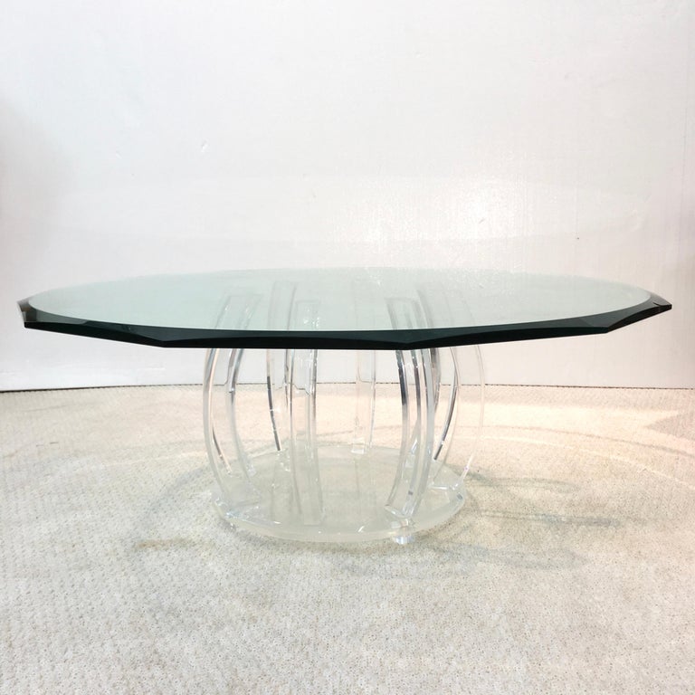 Lucite Barrel Cage Base Cocktail Table with Round 12 Sided Beveled