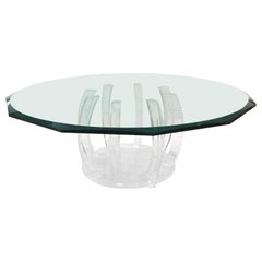 Lucite Barrel Cage Base Cocktail Table with Round 12 Sided Beveled Glass Top