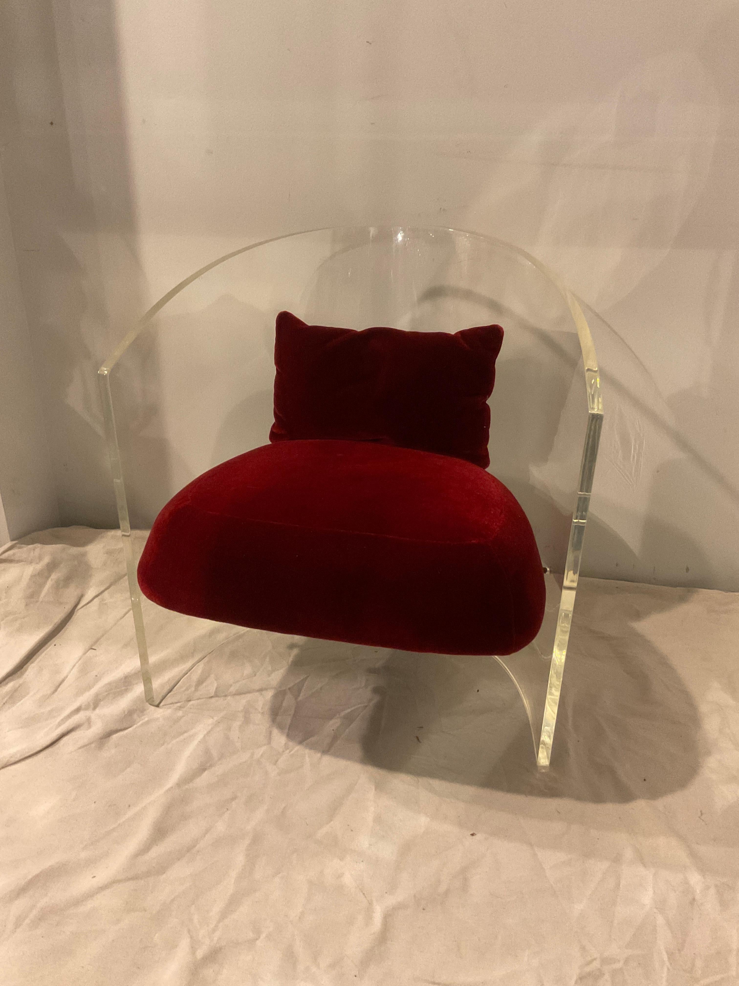 1990s Lucite barrel chair by Pace.
2 marks on chair as shown in last image. It might be able to be removed once the seat is taken off.