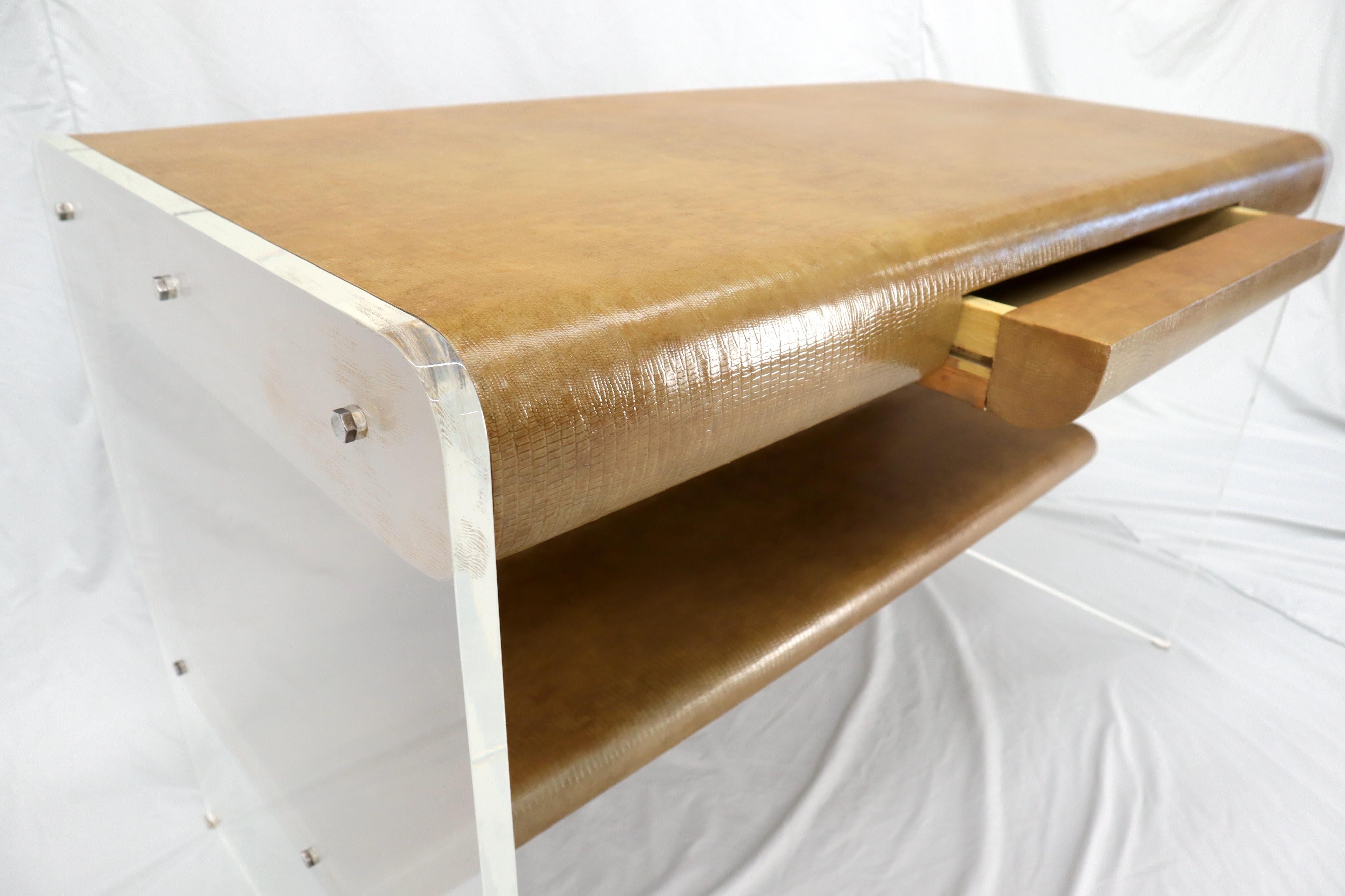 Mid-Century Modern Lucite Base Faux Snake Skin Sculptural Shape One-Drawer Writing Table Desk For Sale