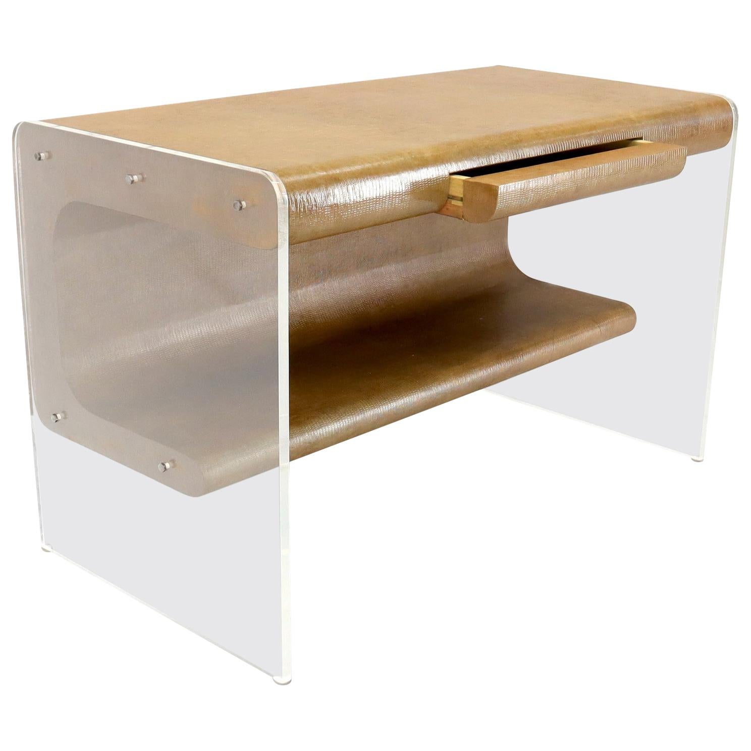 Lucite Base Faux Snake Skin Sculptural Shape One-Drawer Writing Table Desk For Sale