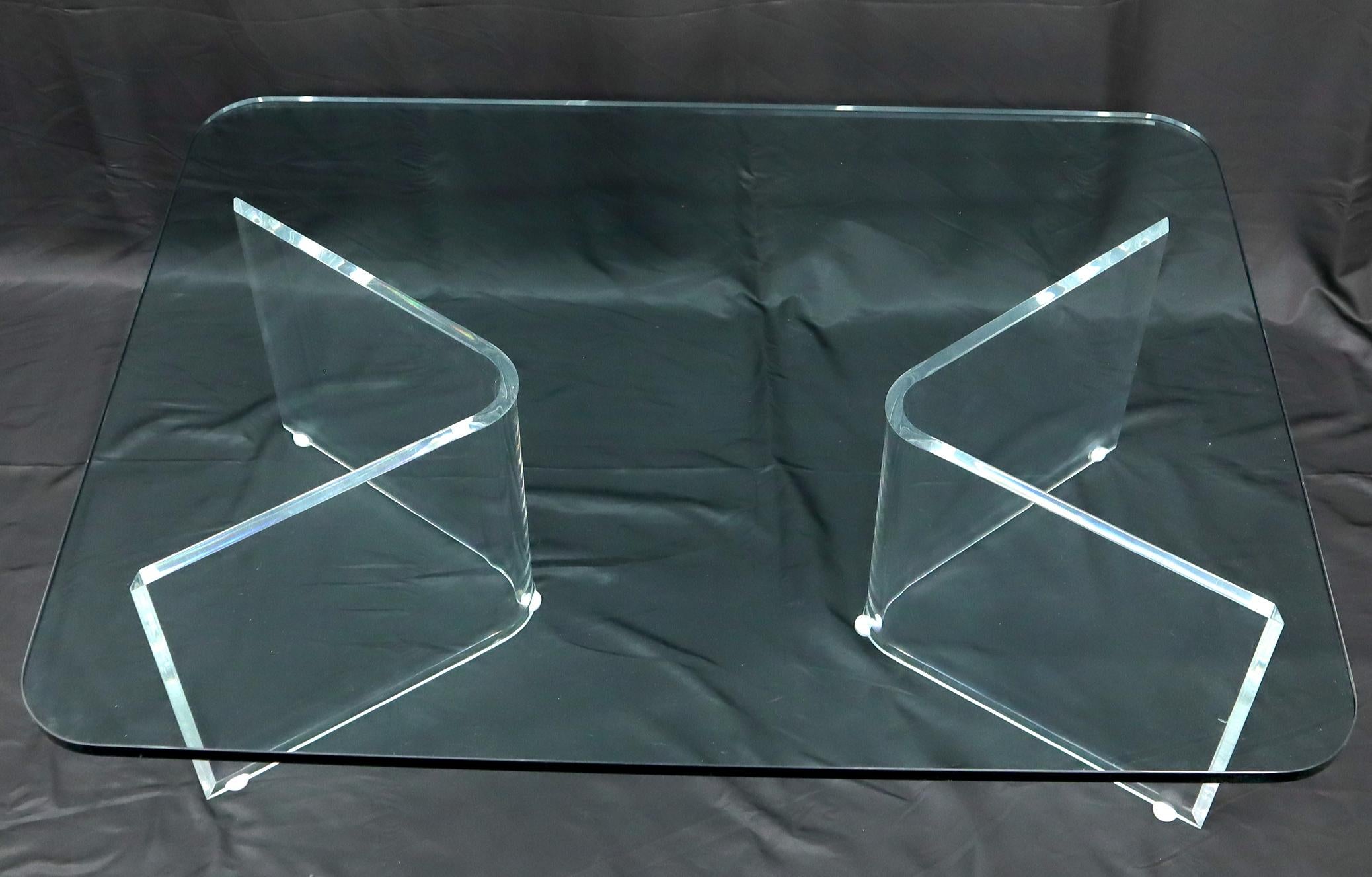 Mid-Century Modern lucite base thick rounded corners rectangle glass top coffee table. Measure: Thick 3/4