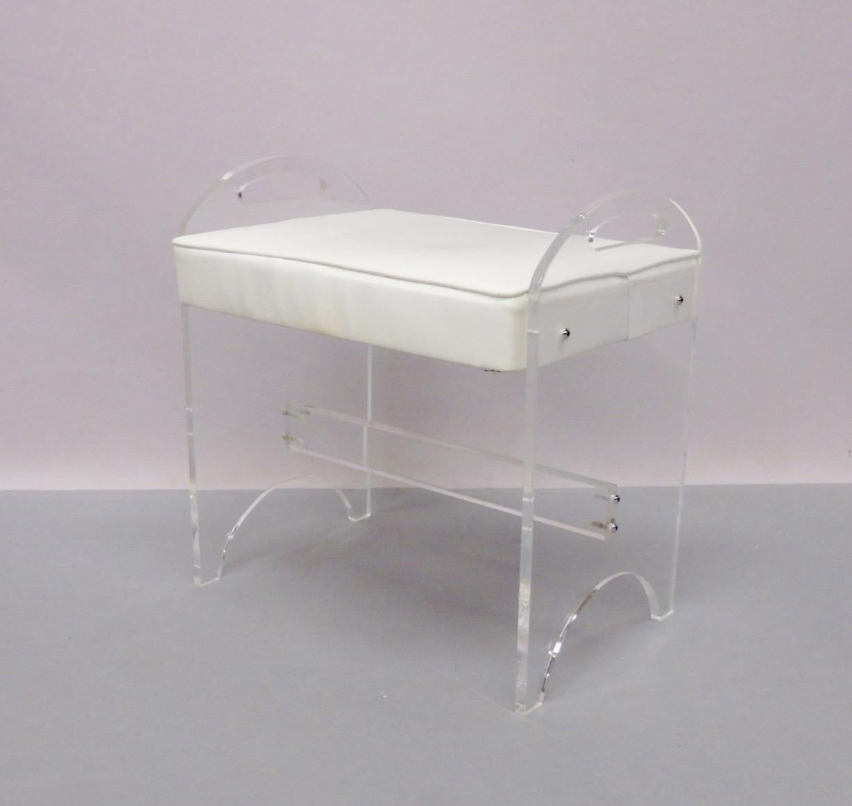 Lucite base bench covered in its original vinyl. Original Rialt Brooklyn NY label is intact.