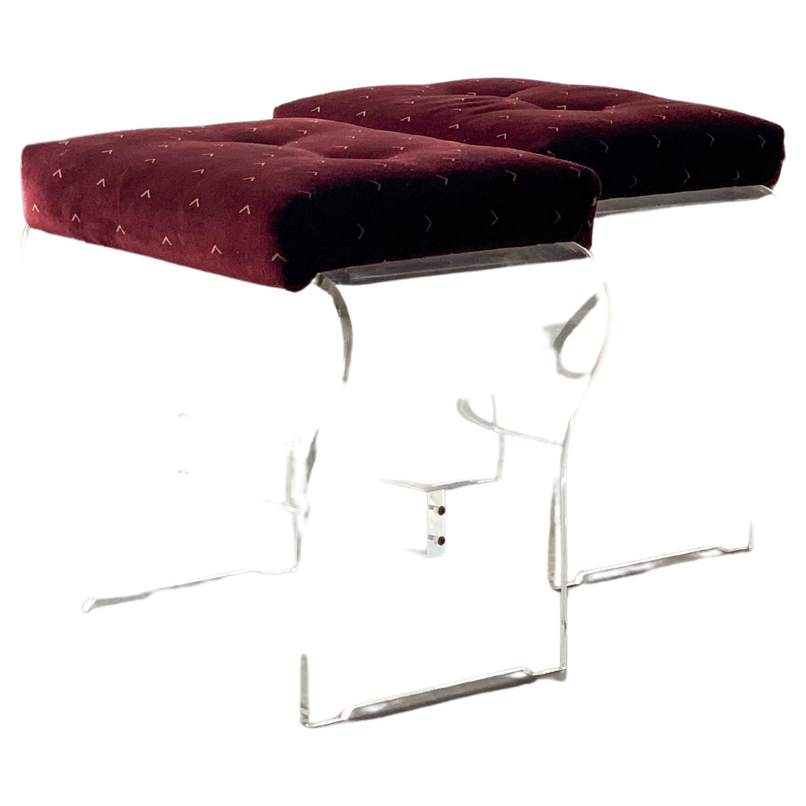 1980 's Waterfall Legs, Lucite Bench Stool, Red Velvet Upholstery - Pair