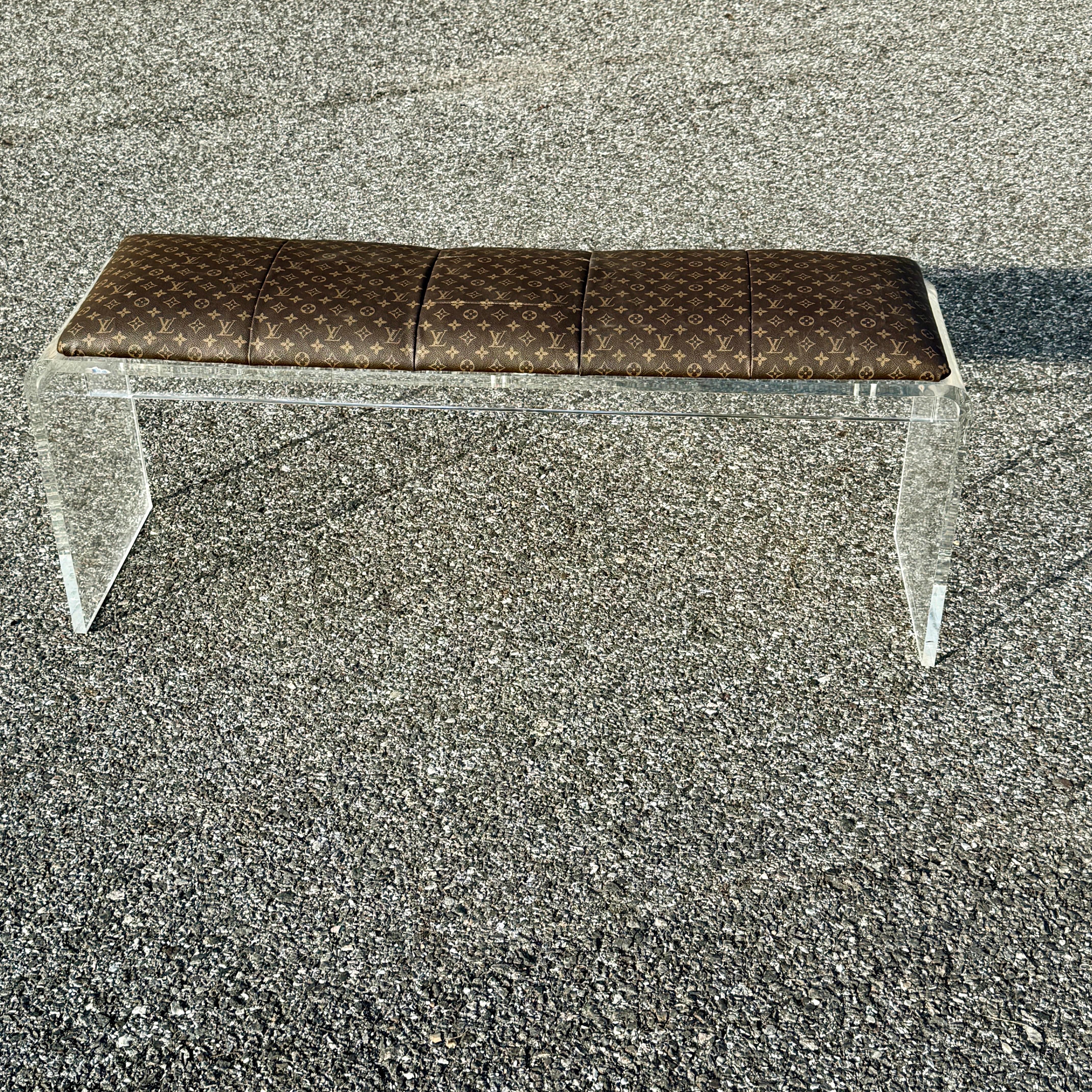Lucite Bench Upholstered in Louis Vuitton Monogram Fabric  For Sale 5