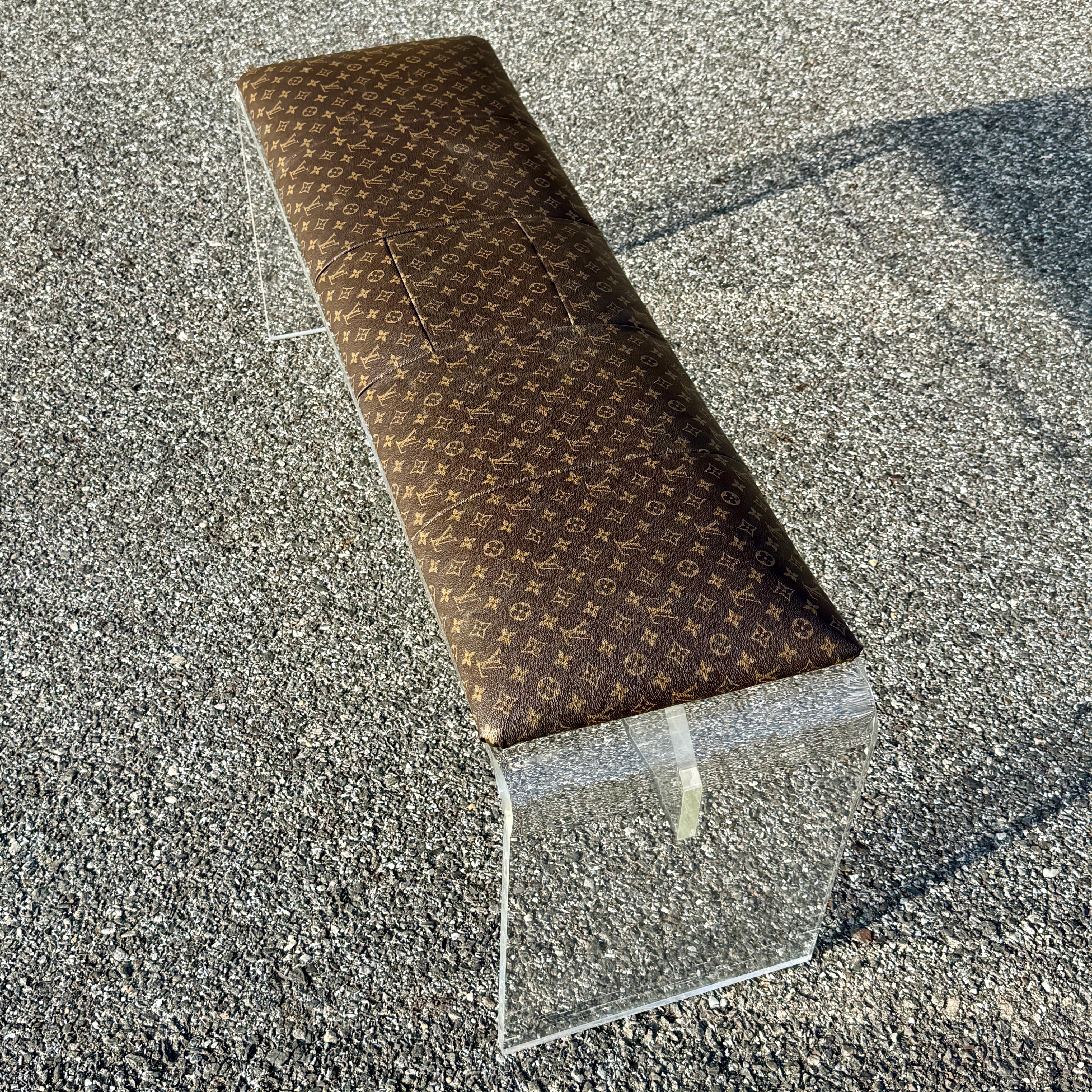 Lucite Bench Upholstered in Louis Vuitton Monogram Fabric  For Sale 6