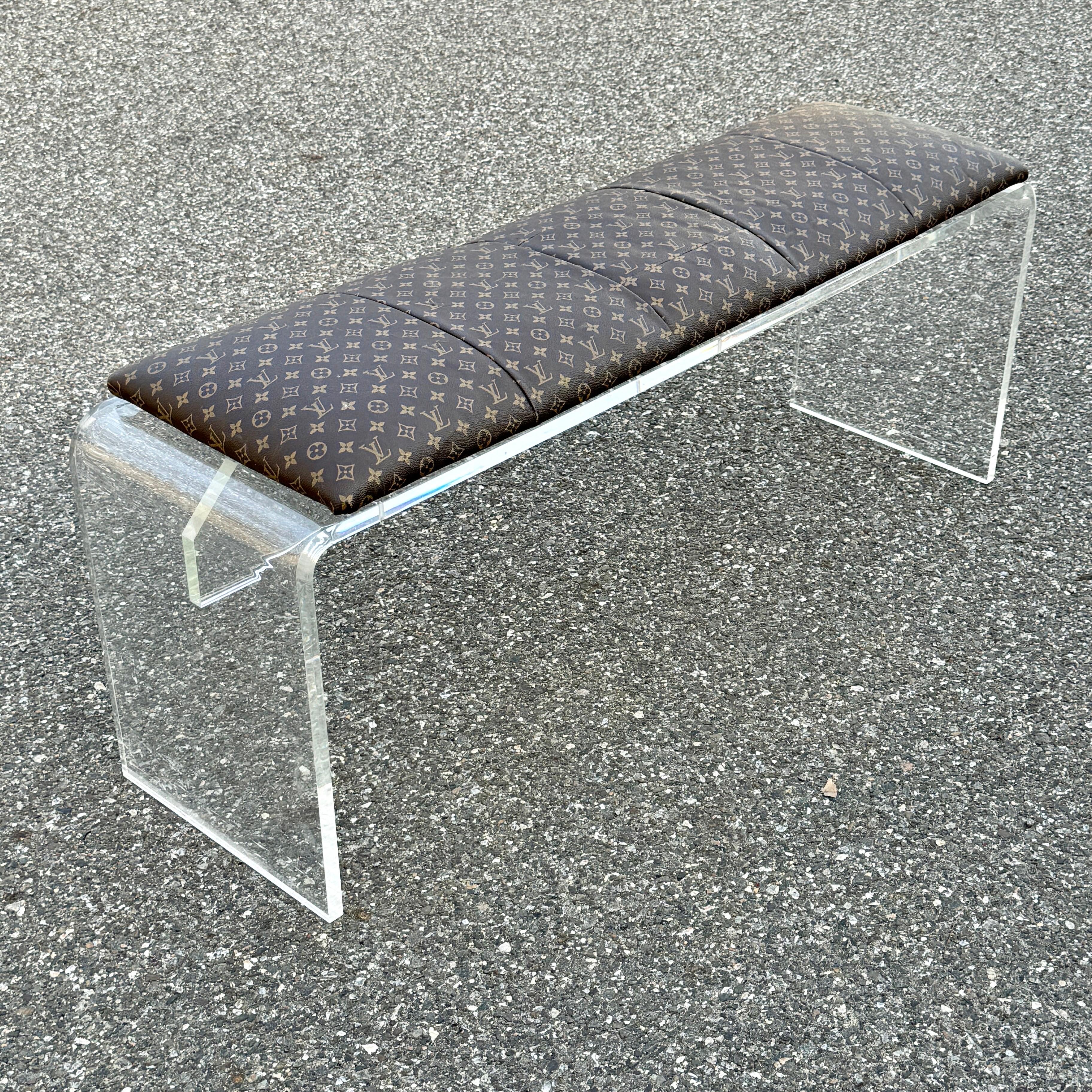 Modern Lucite Bench Upholstered in Louis Vuitton Monogram Fabric  For Sale