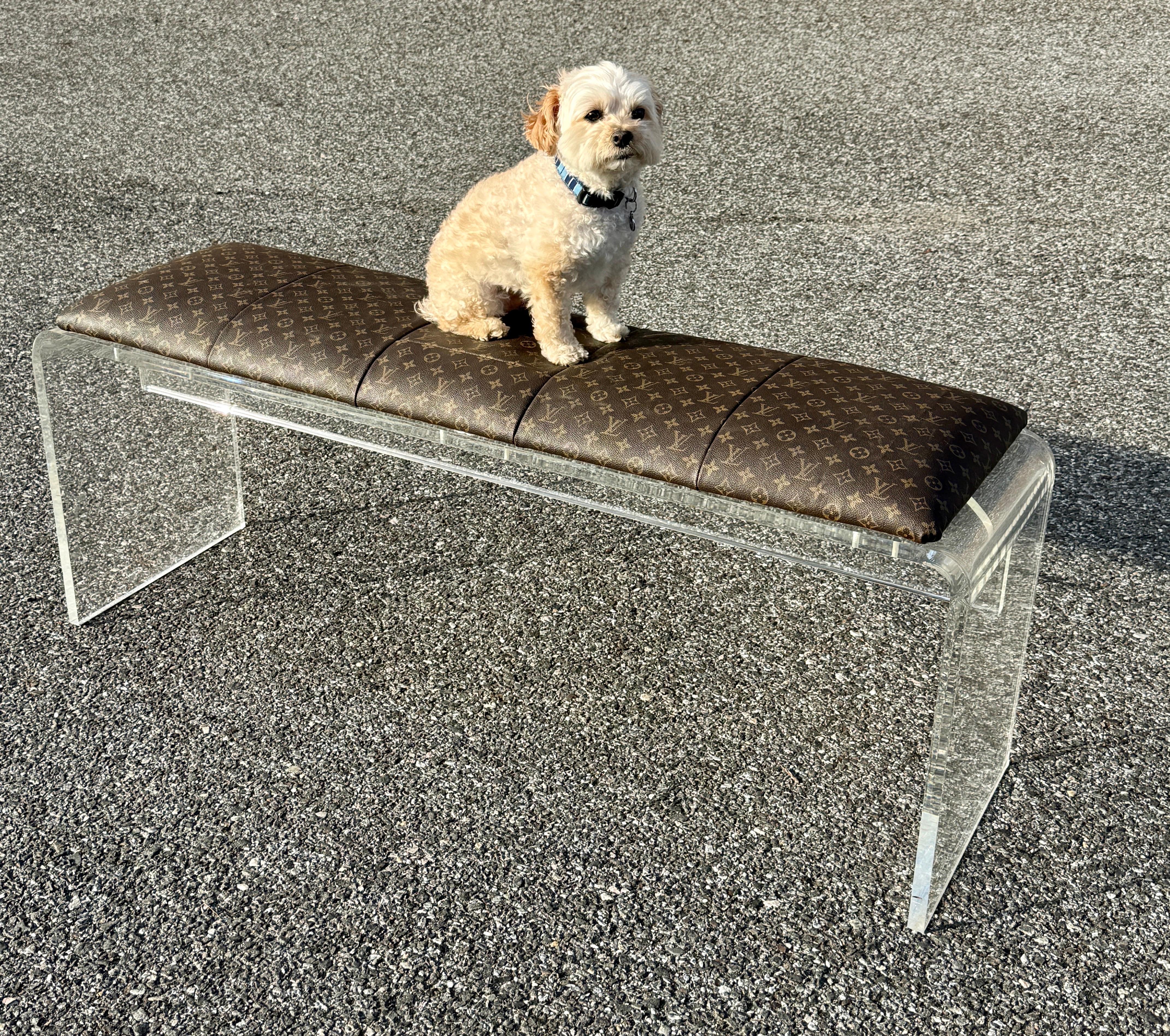 Hand-Crafted Lucite Bench Upholstered in Louis Vuitton Monogram Fabric  For Sale