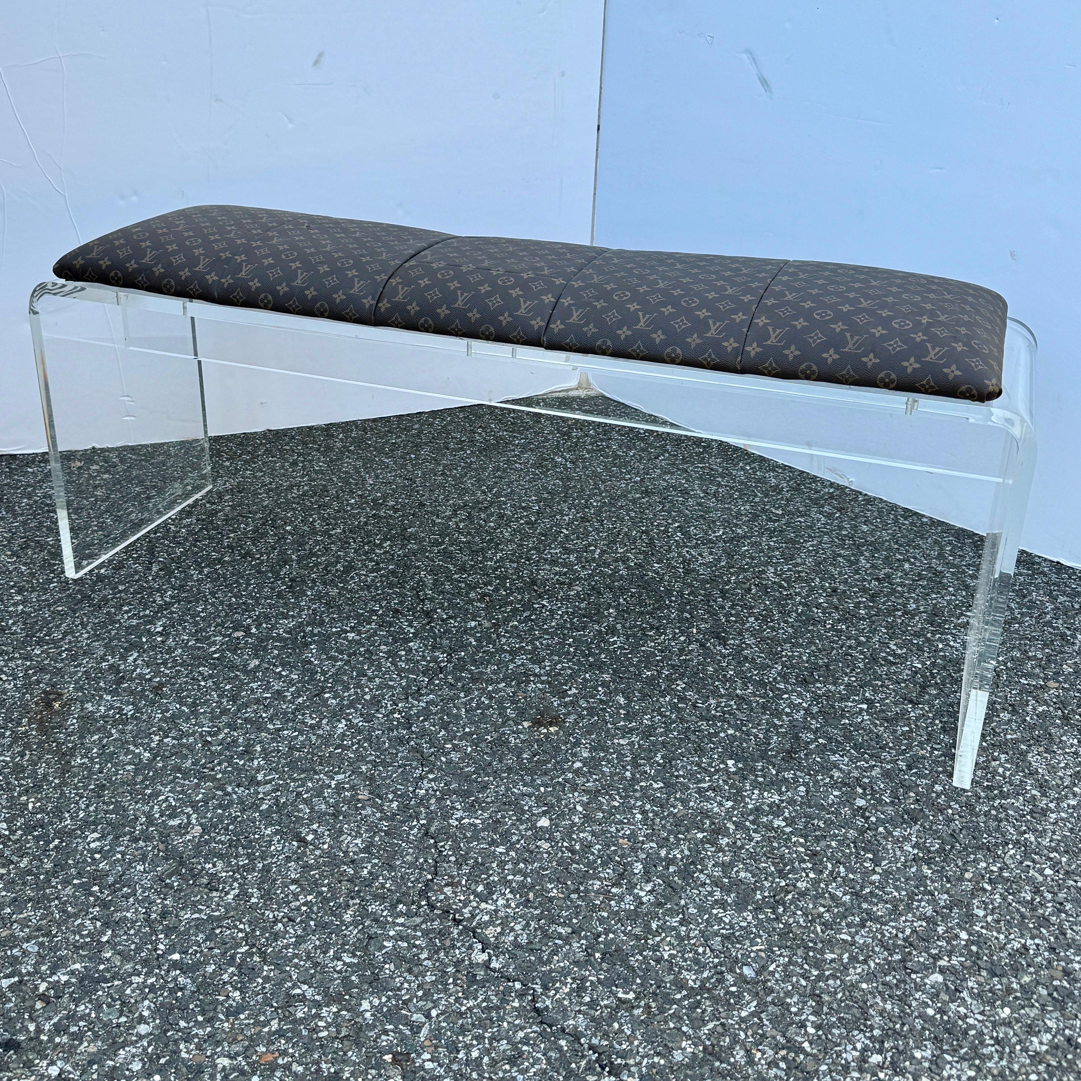 Lucite Bench Upholstered in Louis Vuitton Monogram Fabric  In Good Condition For Sale In Haddonfield, NJ