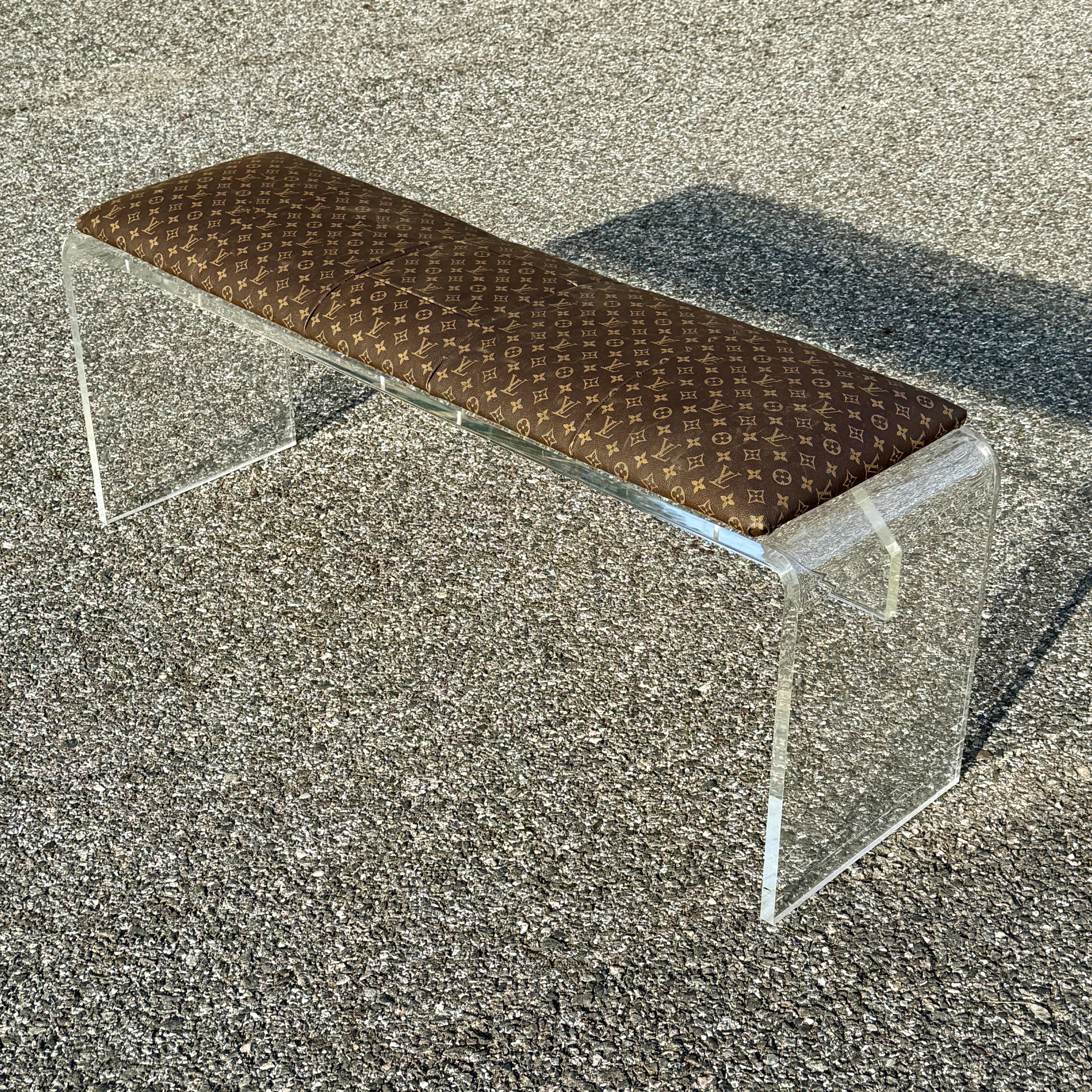 Lucite Bench Upholstered in Louis Vuitton Monogram Fabric  For Sale 1