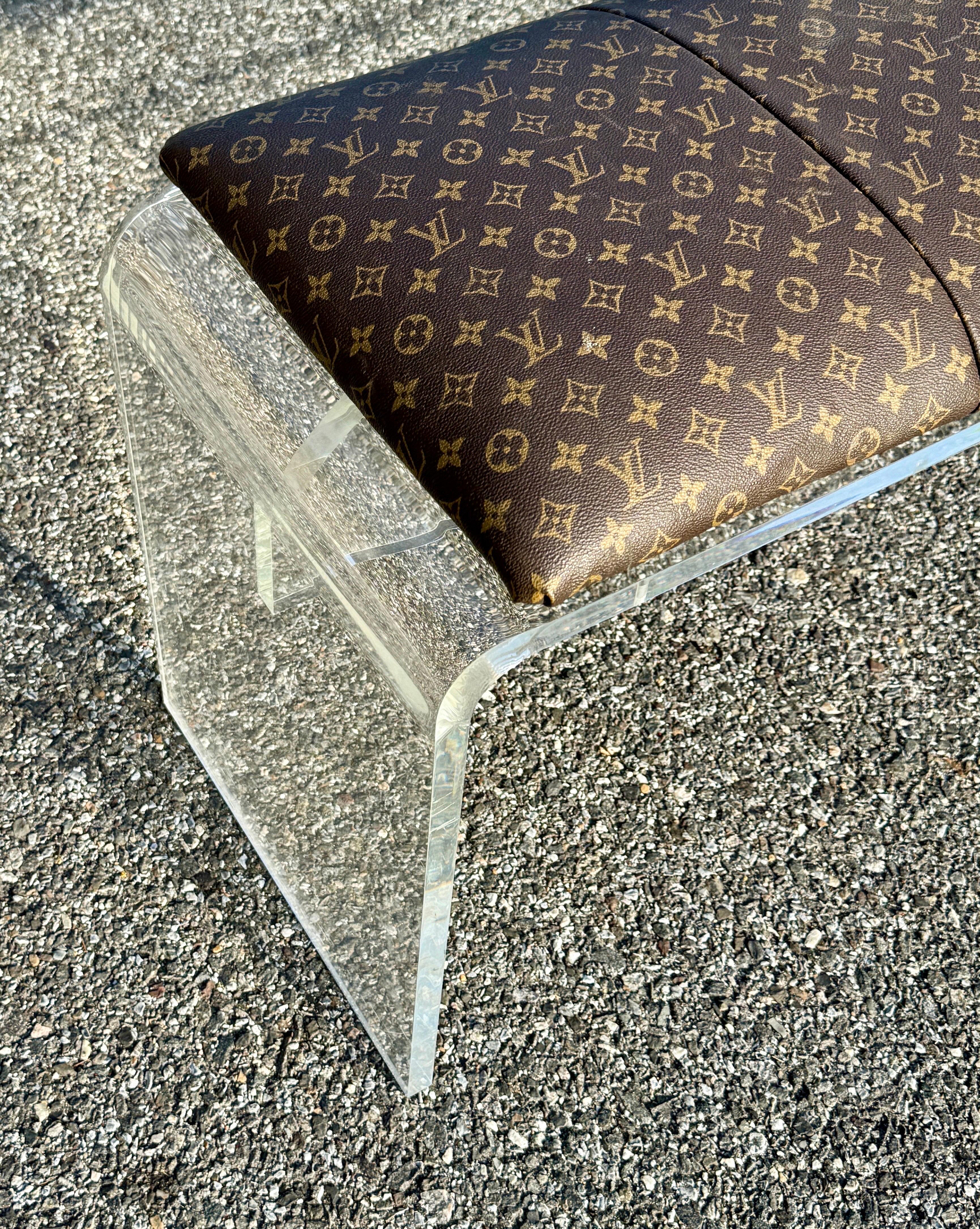 Lucite Bench Upholstered in Louis Vuitton Monogram Fabric  For Sale 2