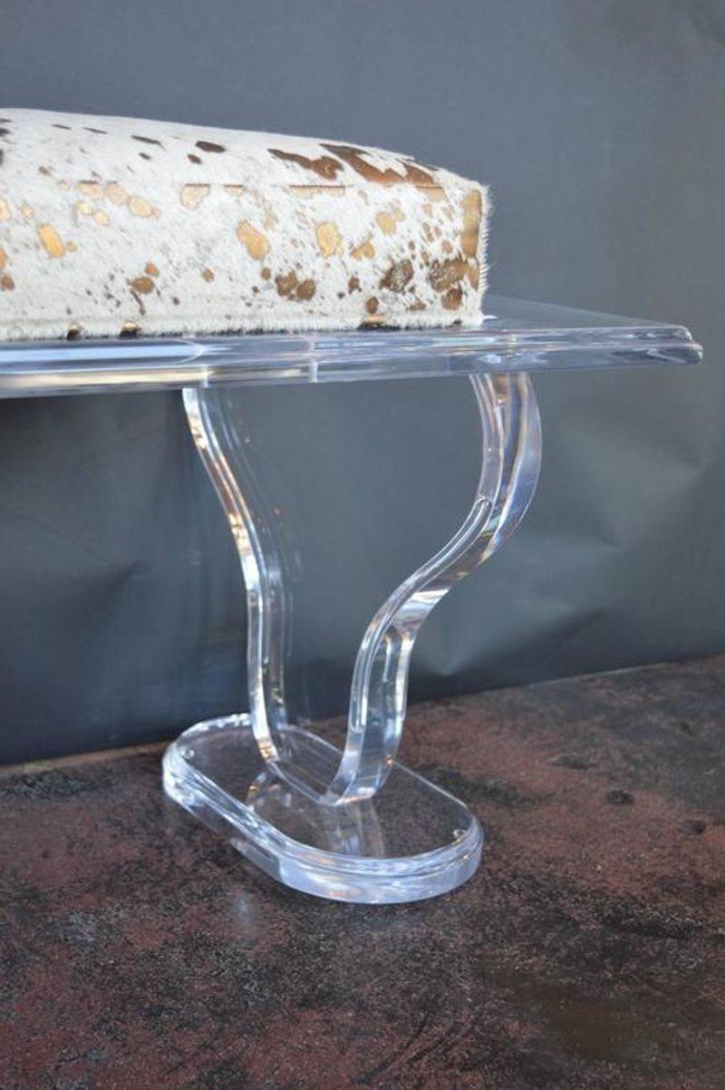 American Lucite Bench with Gold Splatter Cowhide Upholstery For Sale