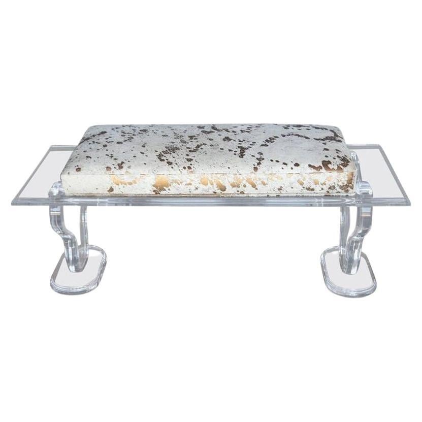 Lucite Bench with Gold Splatter Cowhide Upholstery For Sale