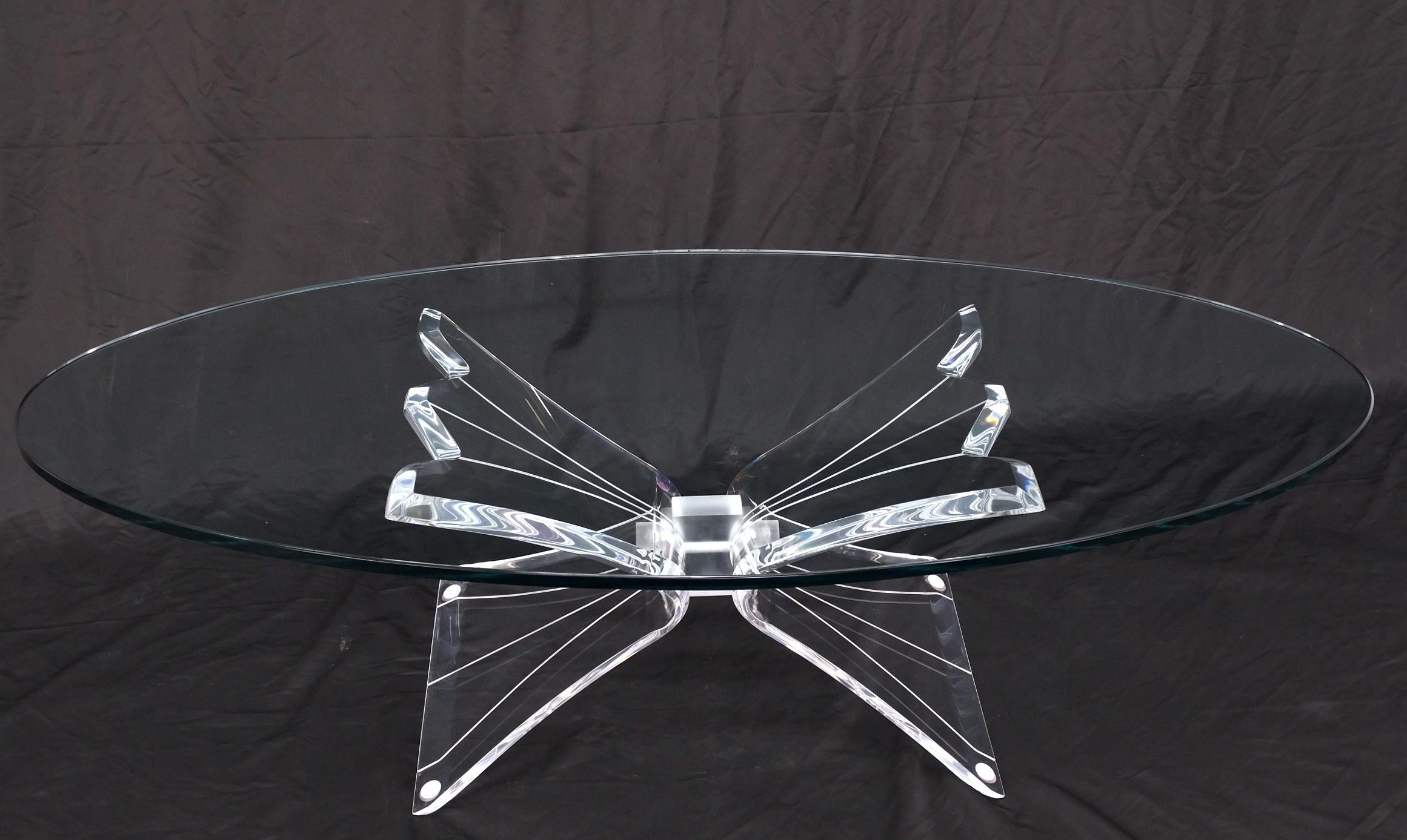 Lucite Bow Tie Butterfly Wing Shape Base Oval Glass Top Mid Century Coffee Table For Sale 6