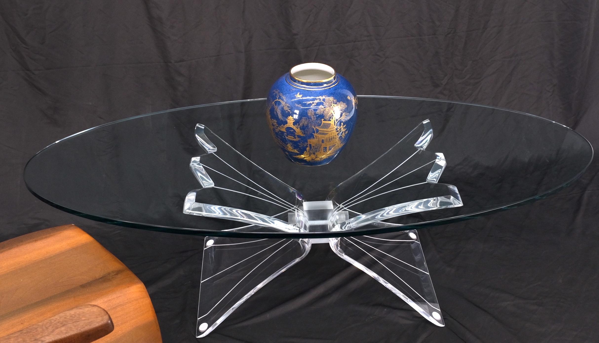 Lucite Bow Tie Butterfly Wing Shape Base Oval Glass Top Mid Century Coffee Table For Sale 10
