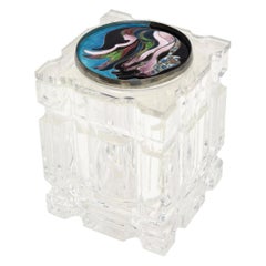 Used Lucite Box with Foiled Enameled Cloisonné Blue Abstract Top Signed