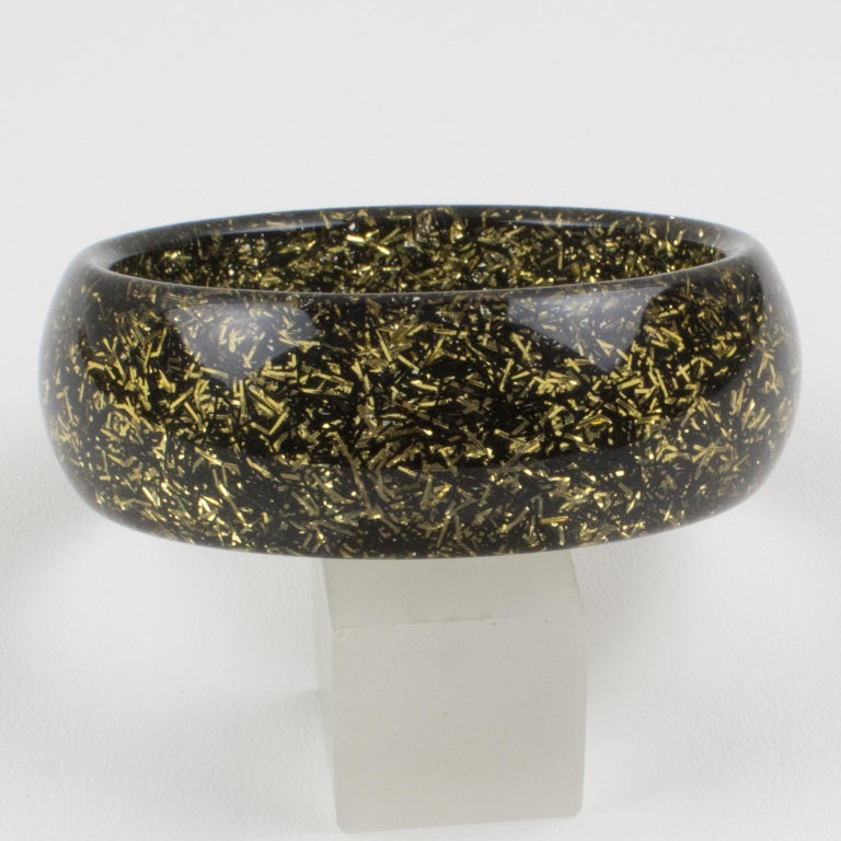 Modern Lucite Bracelet Bangle Black and Gold Metallic Thread For Sale