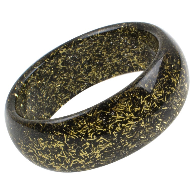 Lucite Bracelet Bangle Black and Gold Metallic Thread For Sale