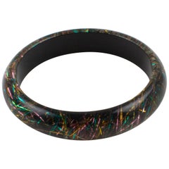 Vintage Lucite Bracelet Bangle Multicolor Metallic Thread Inclusions