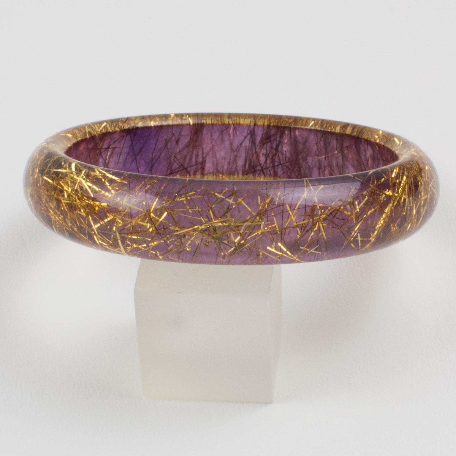 Modern Lucite Bracelet Bangle Gold Metallic Thread Inclusions over Purple Background