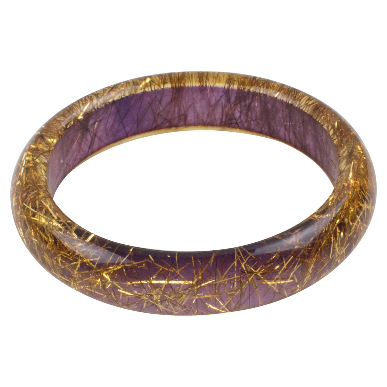 Lucite Bracelet Bangle Gold Metallic Thread Inclusions over Purple Background