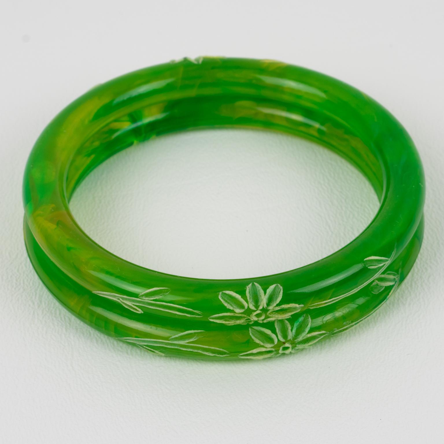 Modern Lucite Bracelet Bangle Green Grass Swirl with Floral Carving, set of 2 pieces For Sale