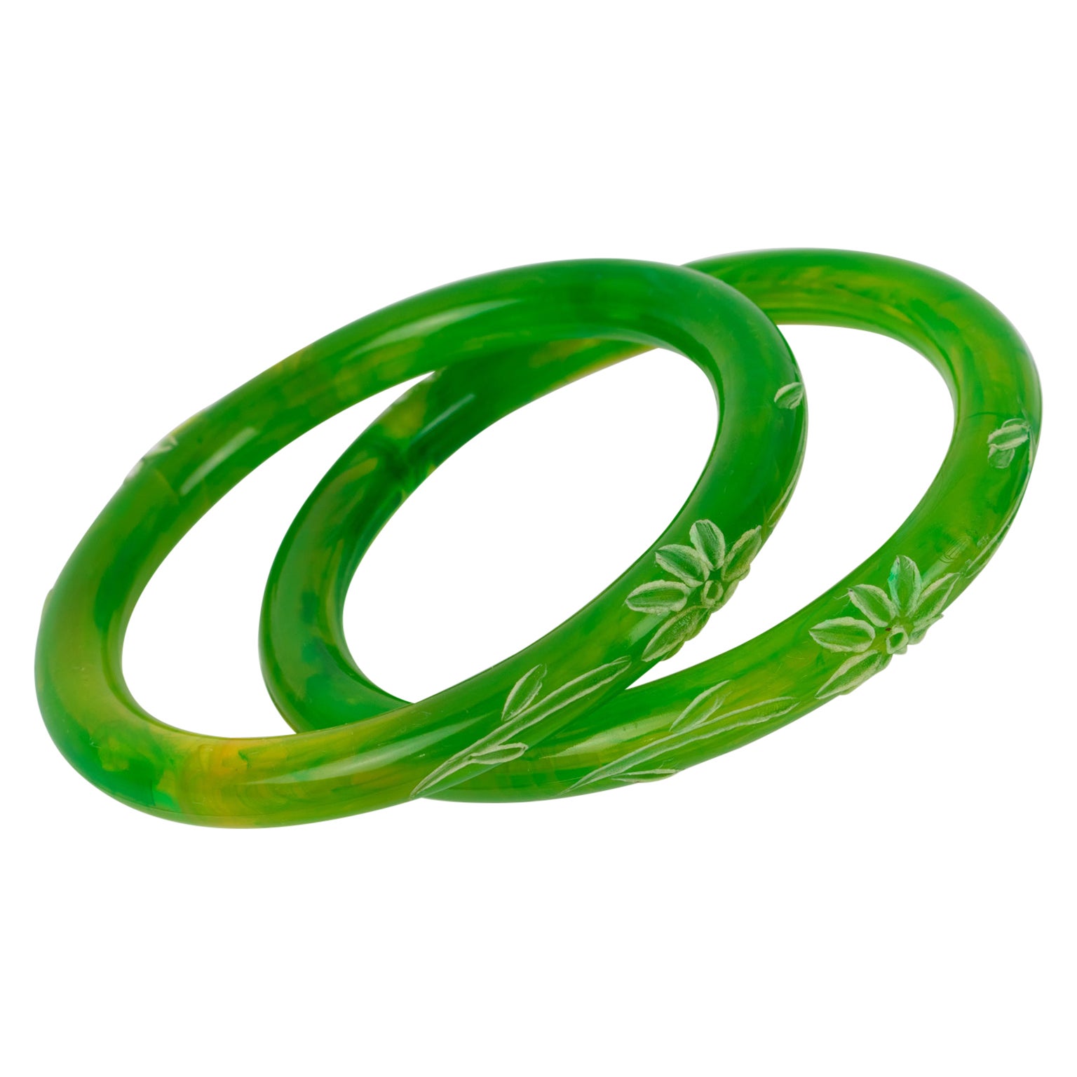 Lucite Bracelet Bangle Green Grass Swirl with Floral Carving, set of 2 pieces For Sale