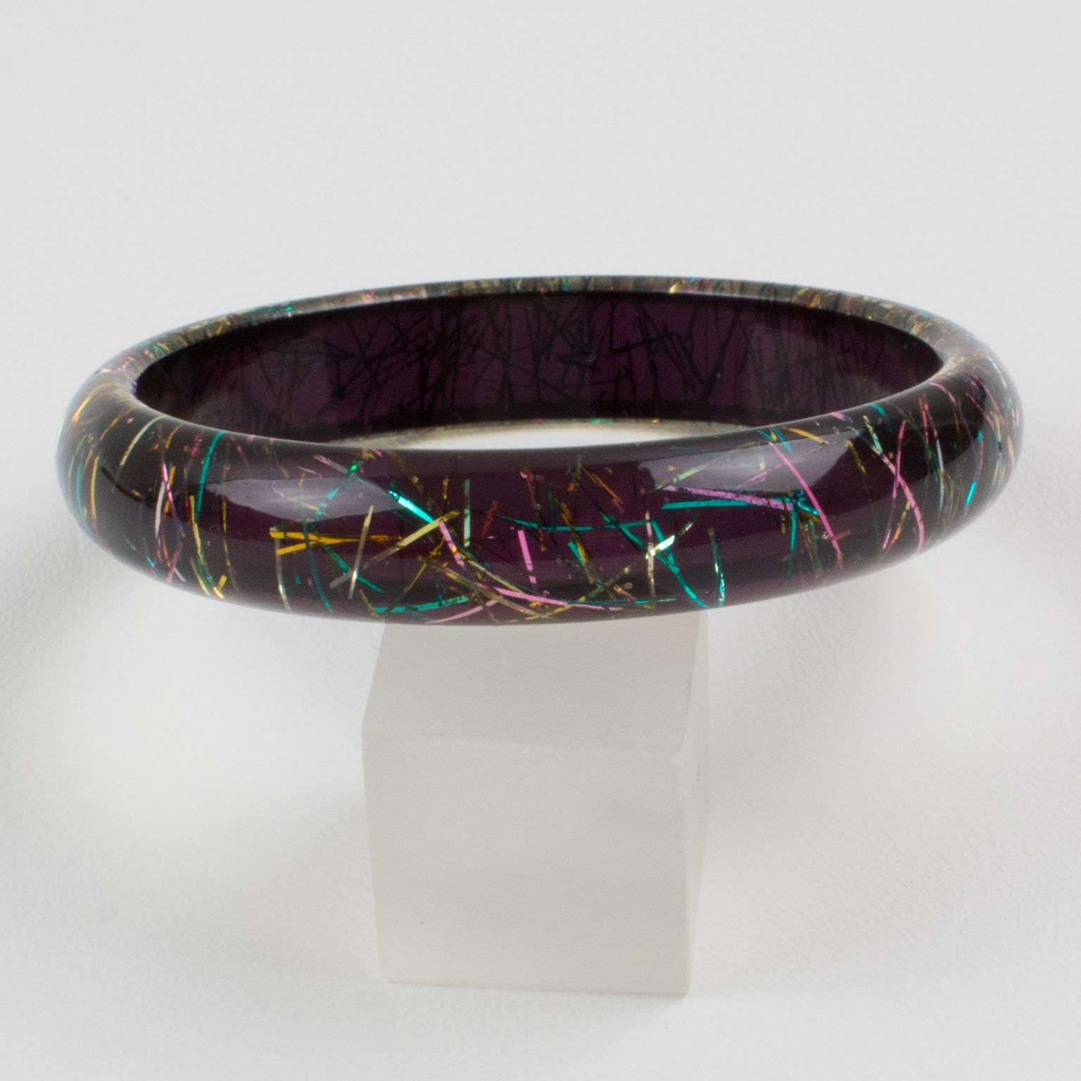 Modernist Lucite Bracelet Bangle Multicolor Metallic Thread Inclusions For Sale