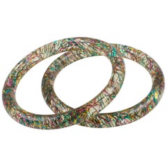 Vintage Lucite Bracelet Bangle Multicolor Metallic Thread Inclusions, set of 2 pieces